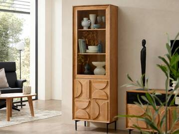 CATANDO Vitrine, Material Massivholz, Akazie honigfarben/Abs. schwarz