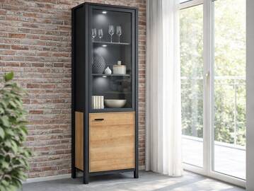 HAVANO Vitrine schmal, Material Dekorspanplatte, Riviera eichefarbig/schwarz 