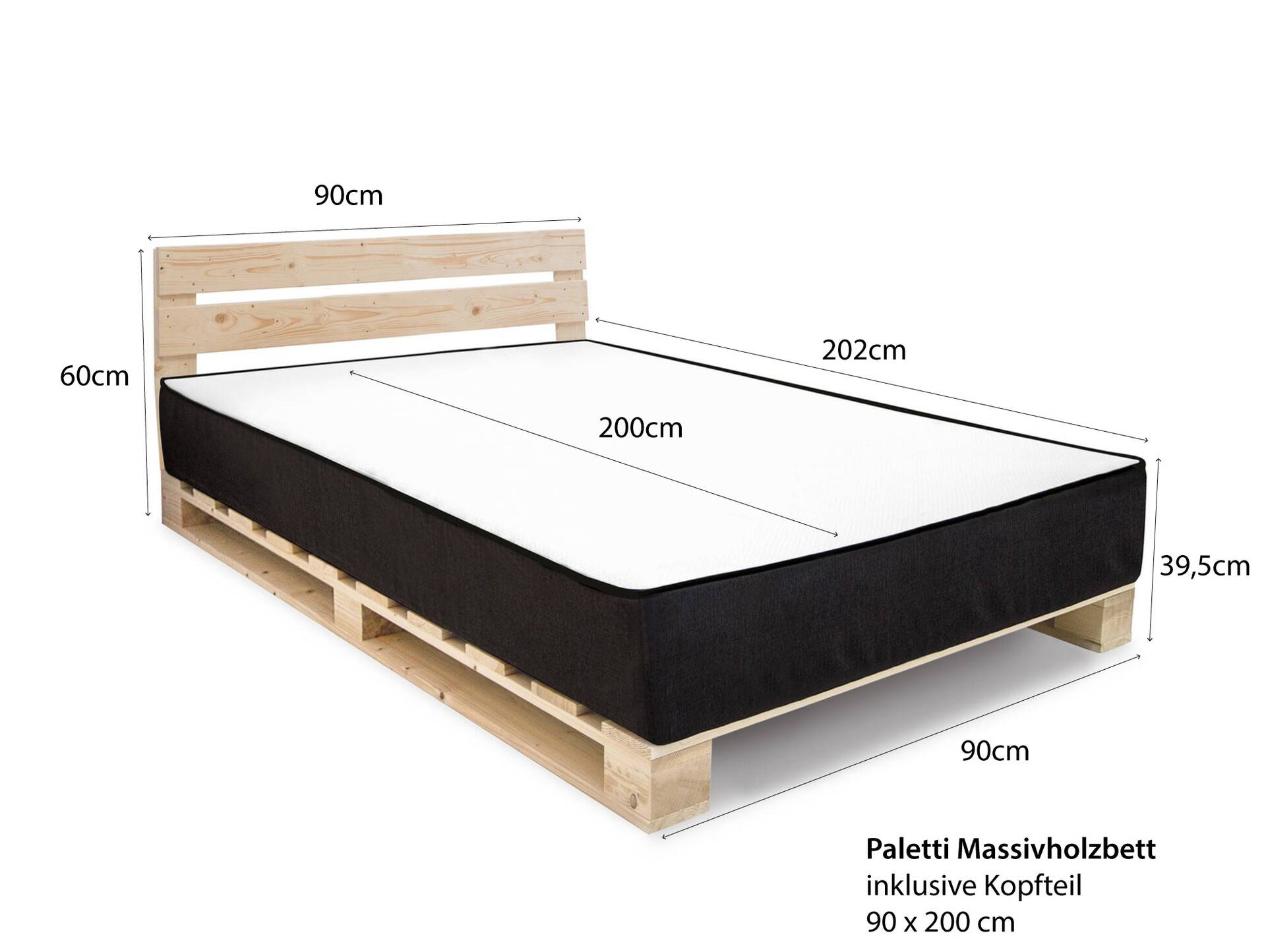PALETTI Massivholzbett / Palettenbett inklusive Kopfteil und MOODY Matratze 90 x 200 cm | Fichte natur