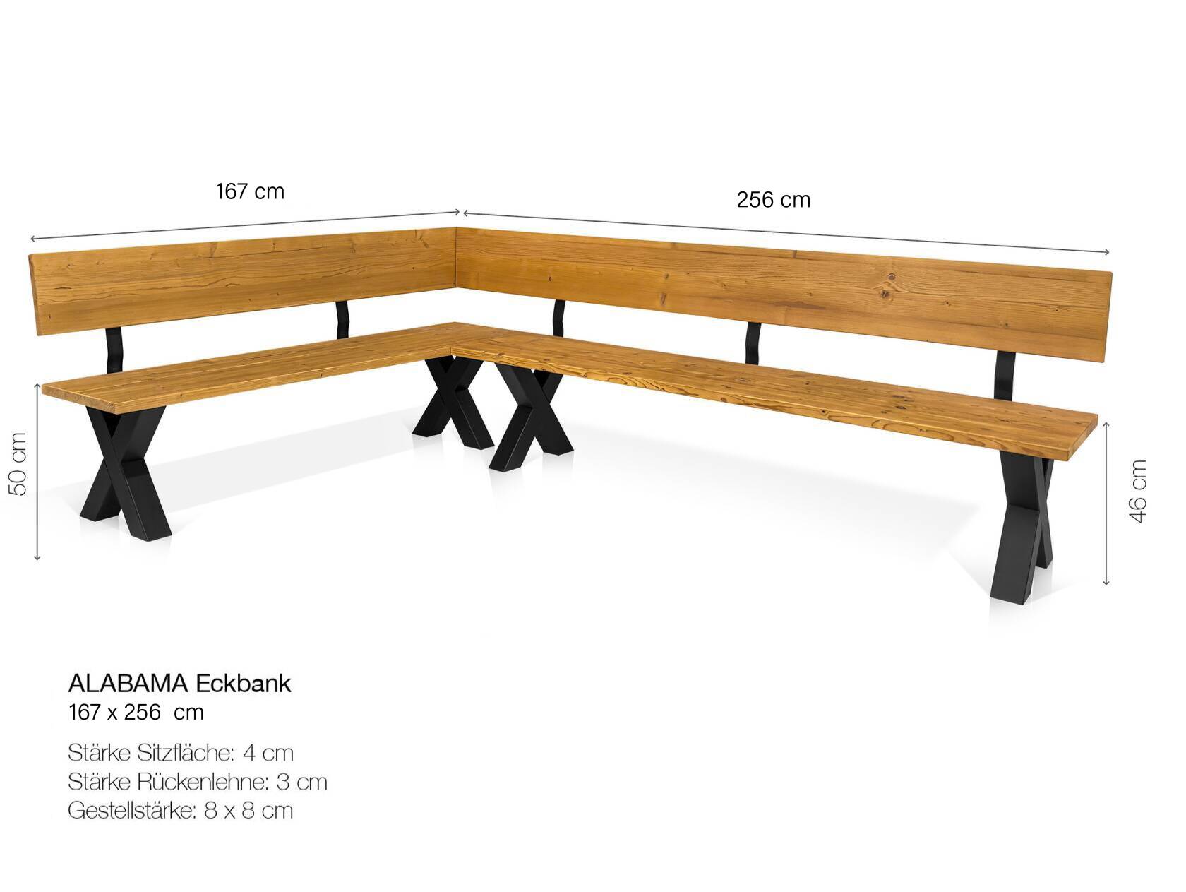 ALABAMA Eckbank mit X-Beinen, Altholzoptik, Material Massivholz, THERMO-Fichte lackiert 167 x 256 cm | vintage