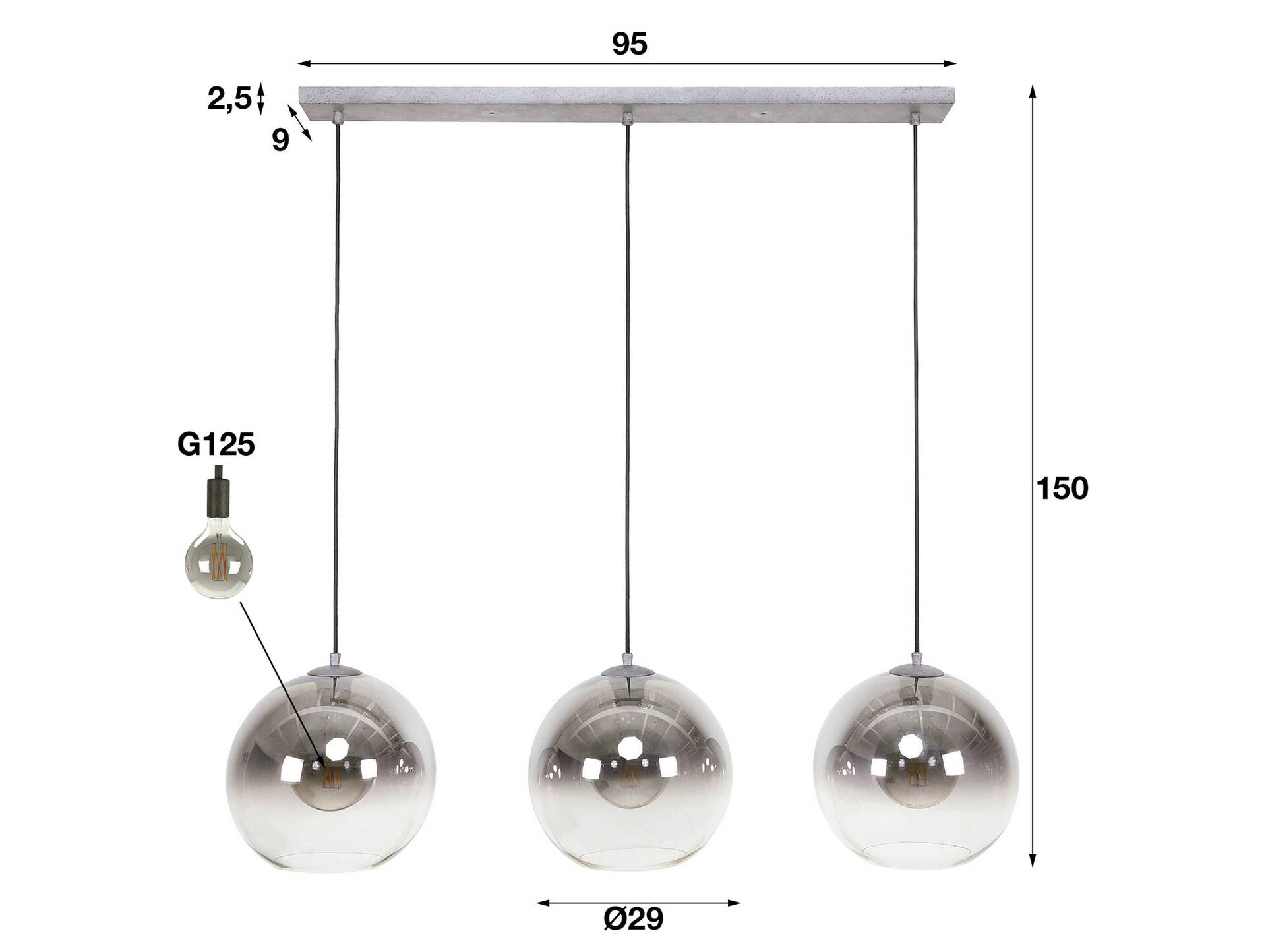 GINNIE Hängelampe, 3-flammig, Glasschirme Rauchglas 