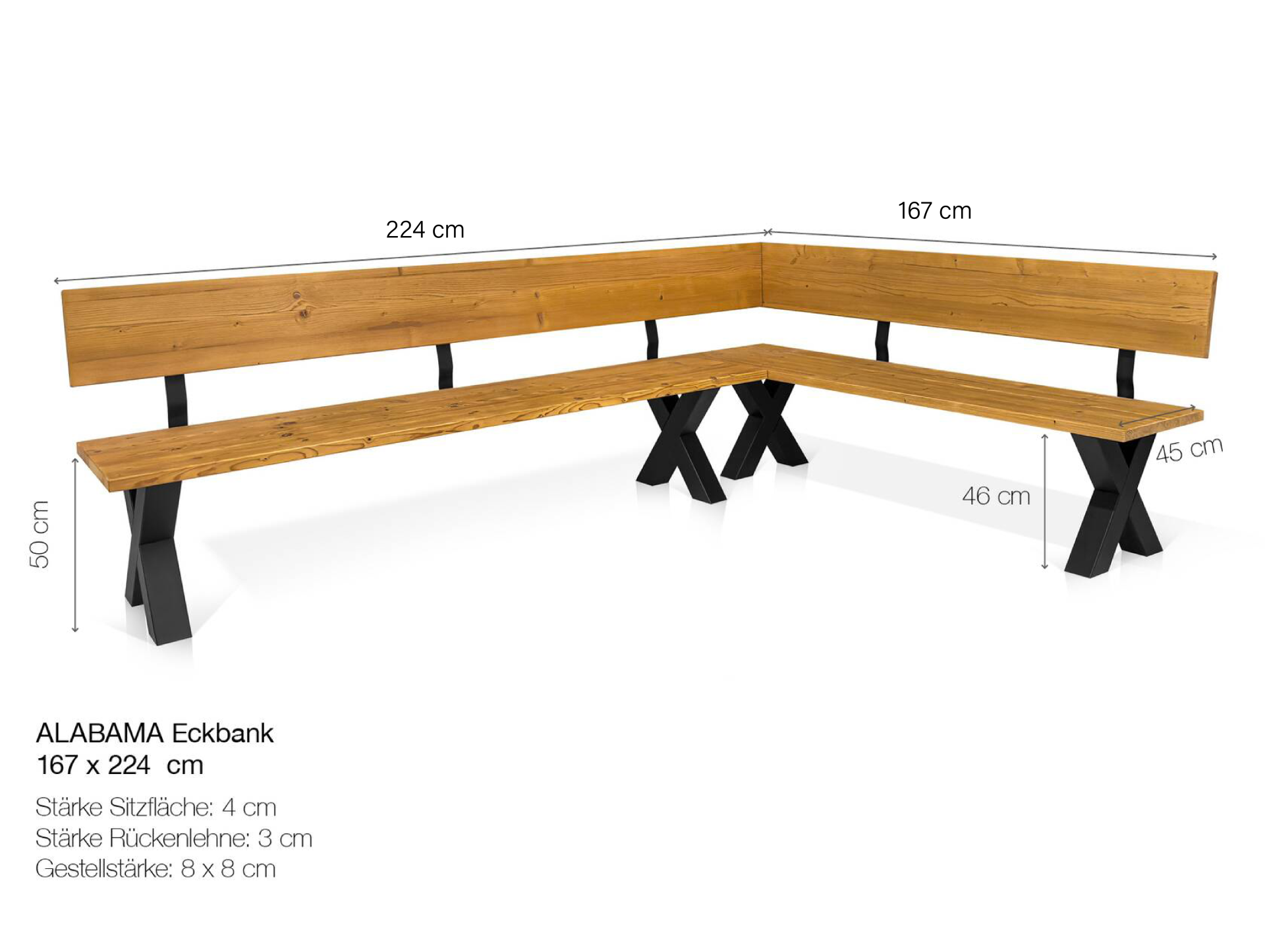 ALABAMA Eckbank mit X-Beinen, Altholzoptik, Material Massivholz, THERMO-Fichte lackiert 167 x 224 cm | vintage