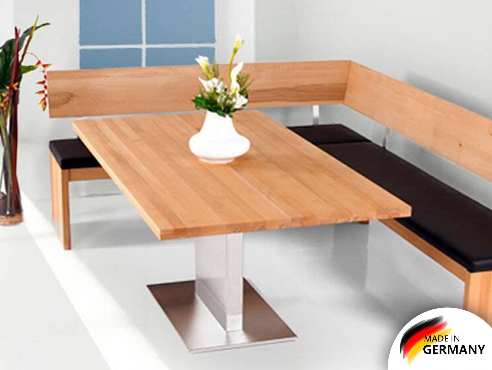 BUENA Säulentisch/Esszimmertisch nach Maß, Material Massivholz/Edelstahl 
