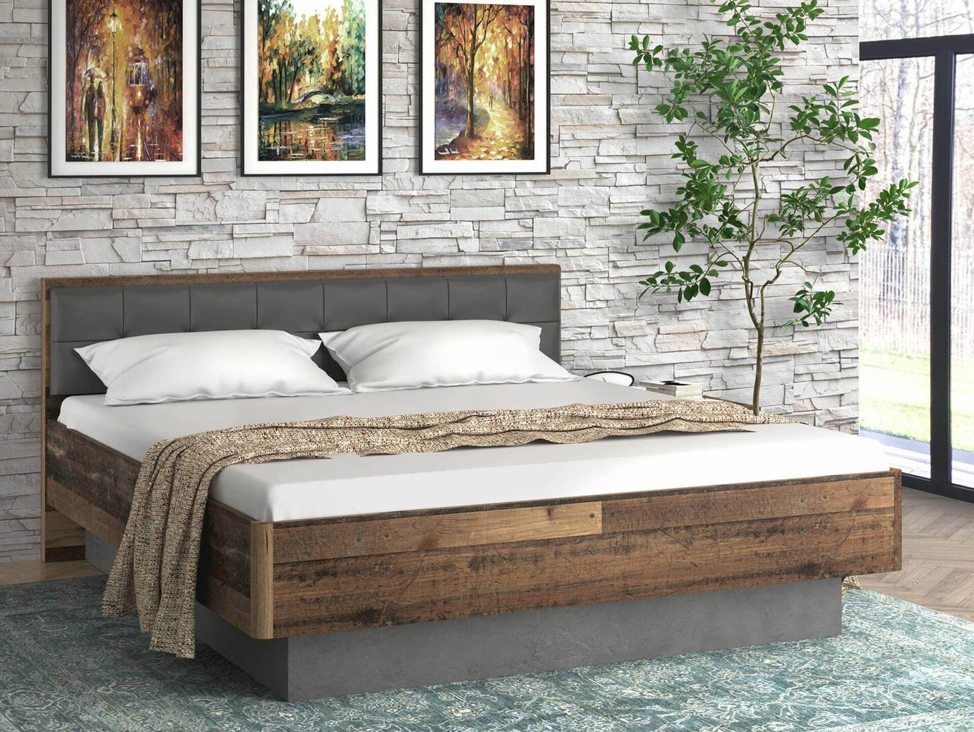 CASSIA Doppelbett 180x200 cm, Material Spanplatte, Old Wood Vintage Nachbildung/betonfarbig 