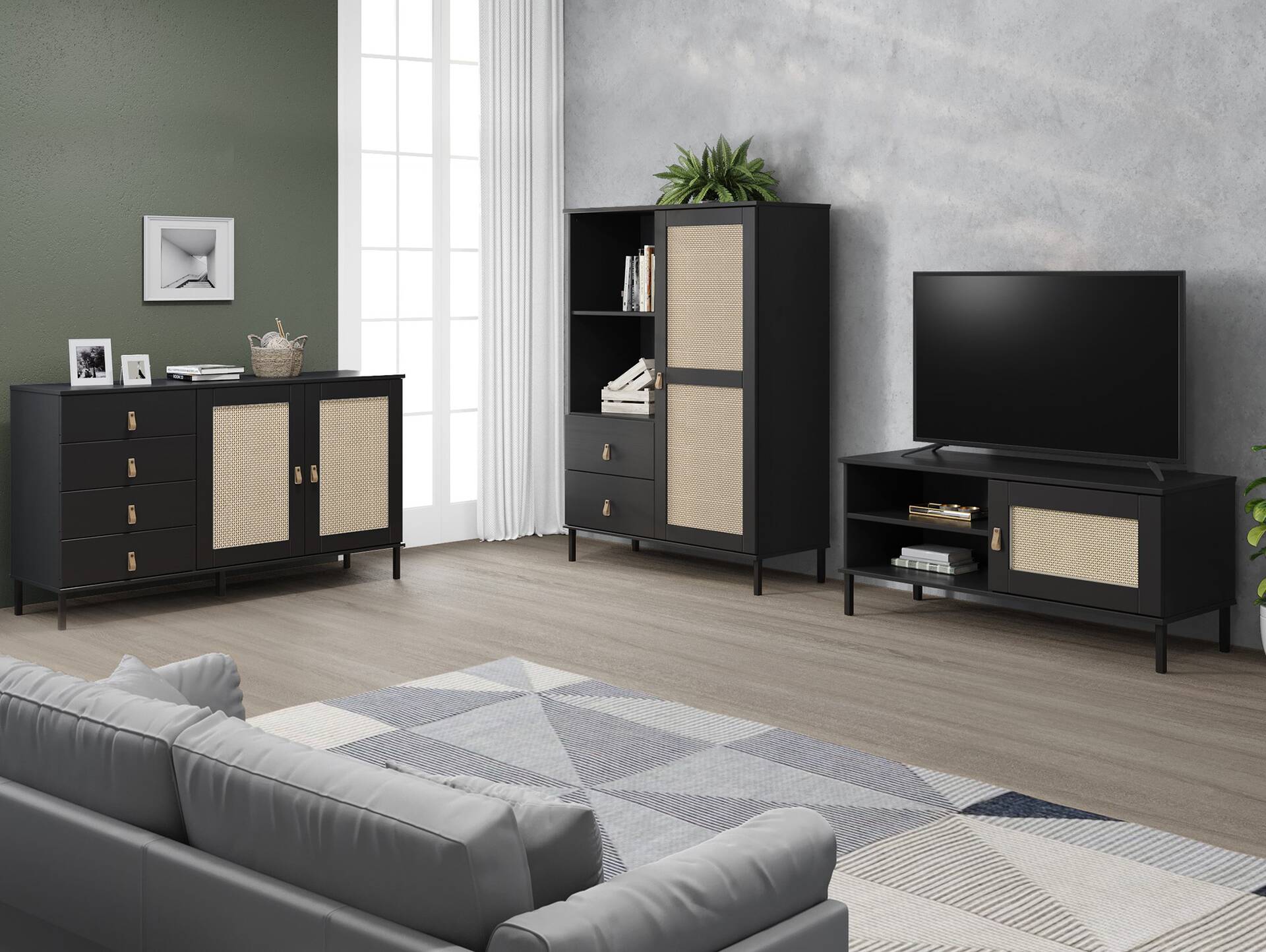 CINOY TV-Board I, Material Massivholz, Kiefer lackiert schwarz