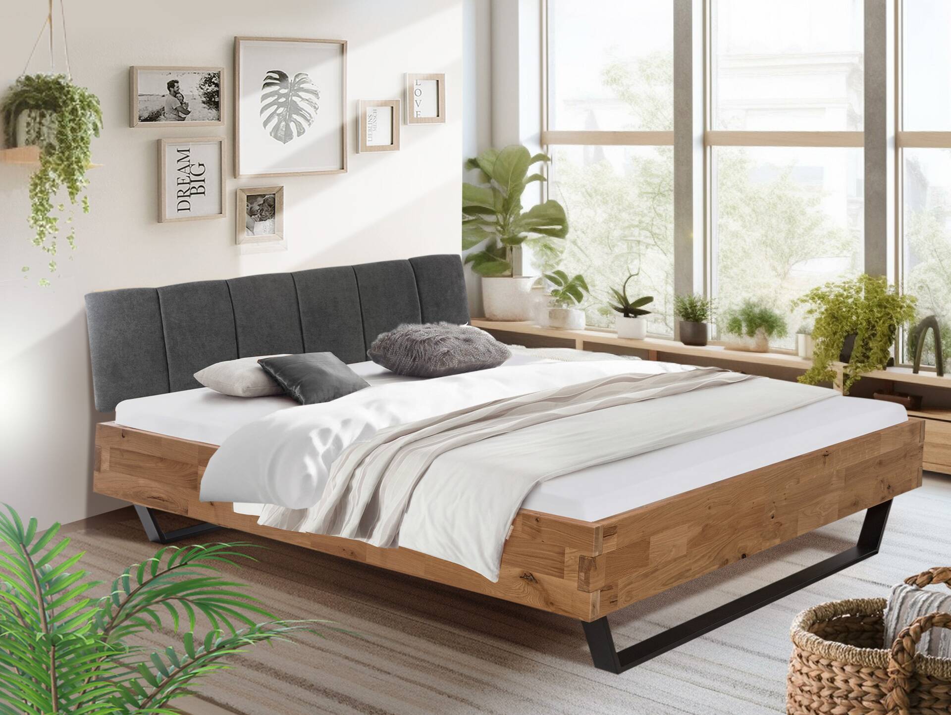 CORDINO Kufenbett aus Eiche mit Polsterkopfteil, Material Massivholz 120 x 200 cm | Eiche unbehandelt | Stoff Anthrazit mit Steppung | gebürstet