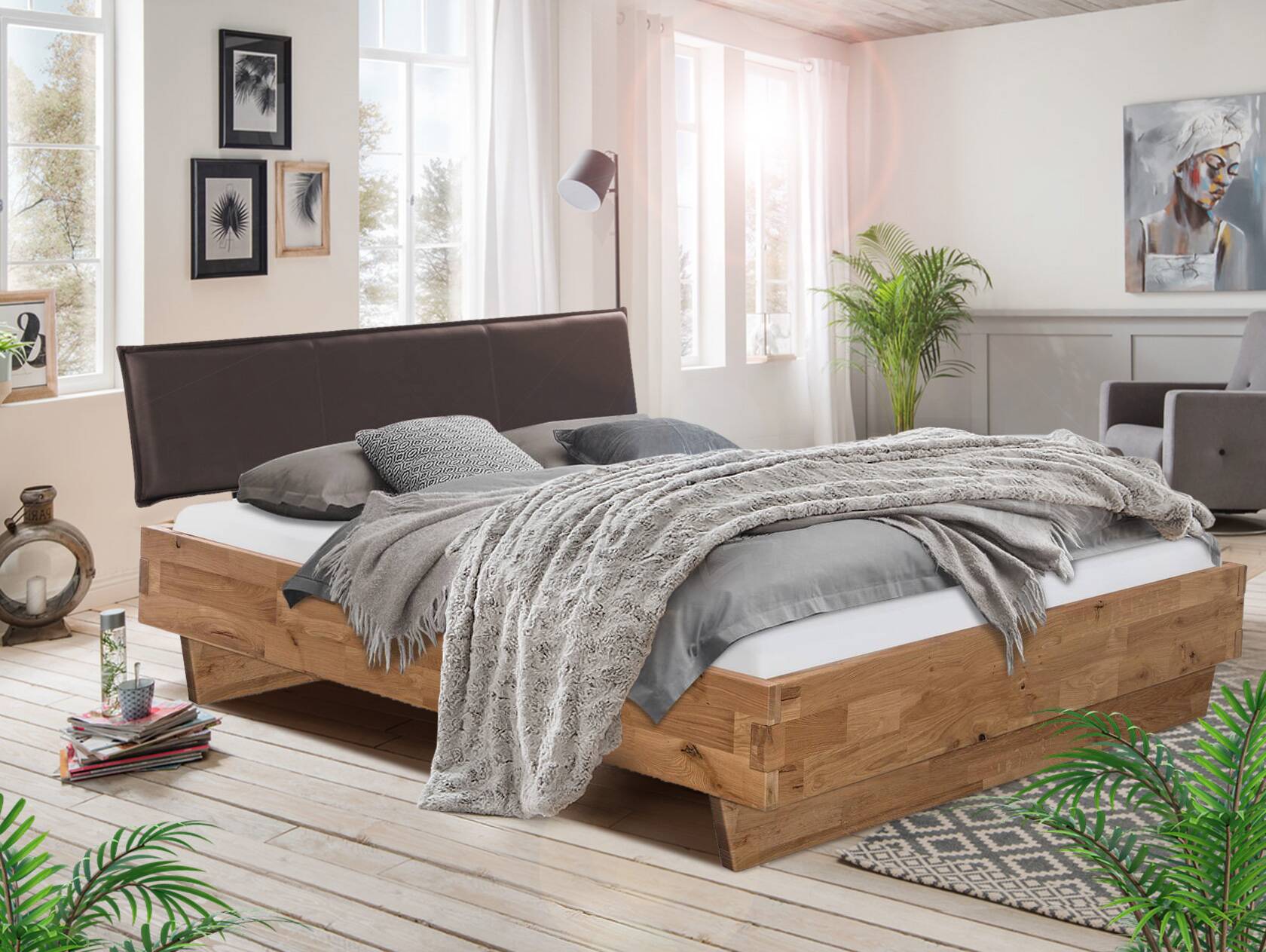 CORDINO Wangenbett aus Eiche mit Polsterkopfteil, Material Massivholz 120 x 200 cm | Eiche unbehandelt | Kunstleder Braun ohne Steppung | gebürstet