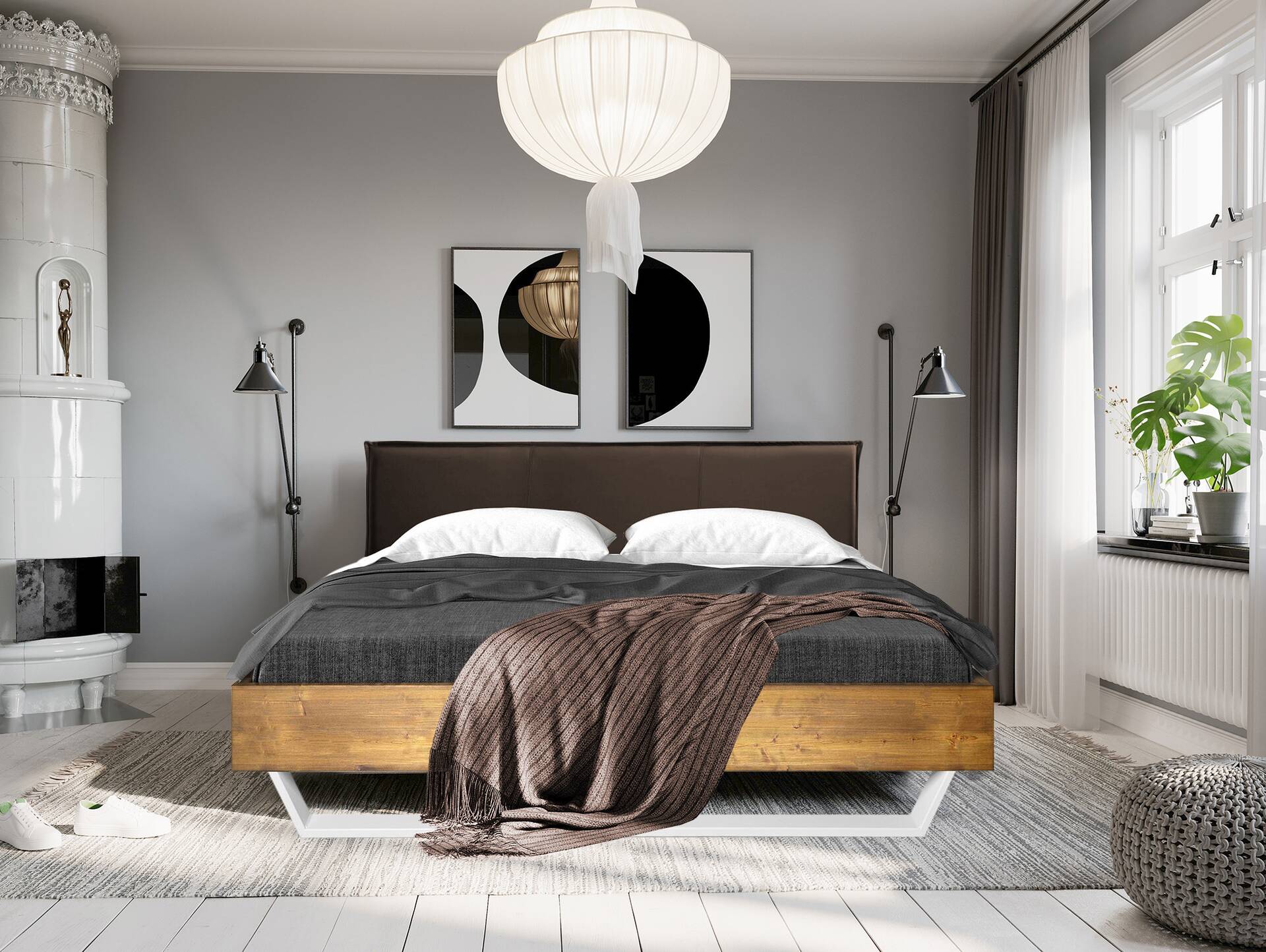 CURBY Kufenbett mit Polsterkopfteil, Material Massivholz, rustikale Altholzoptik, Fichte, Kufen weiss 140 x 200 cm | vintage | Kunstleder Braun