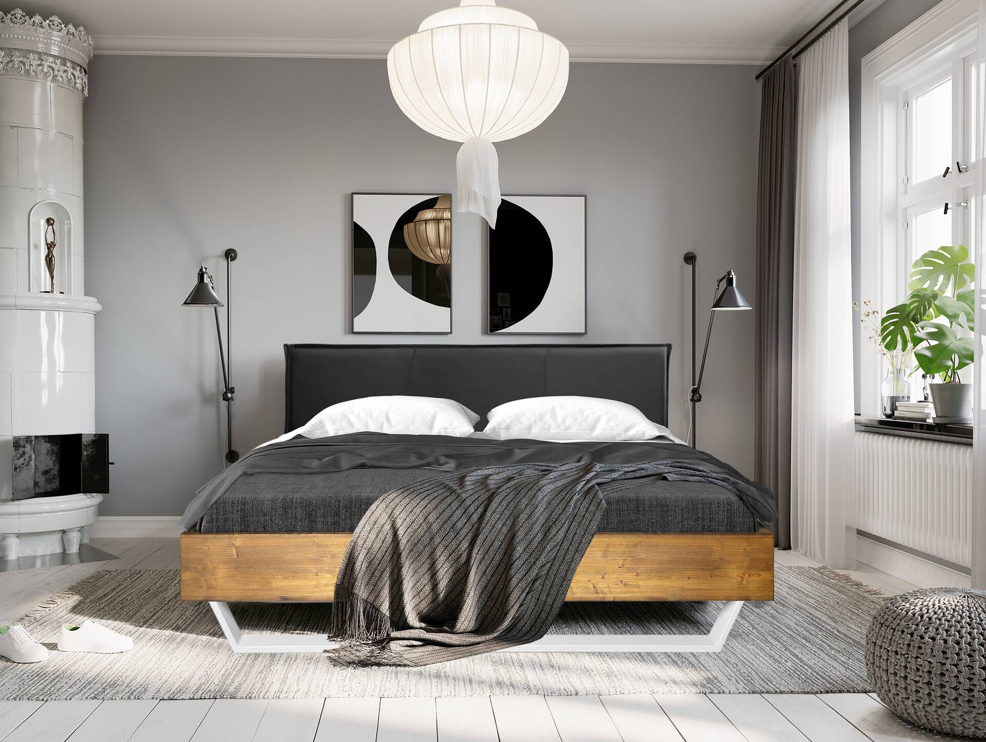 CURBY Kufenbett mit Polsterkopfteil, Material Massivholz, rustikale Altholzoptik, Fichte, Kufen weiss 120 x 200 cm | vintage | Kunstleder Schwarz