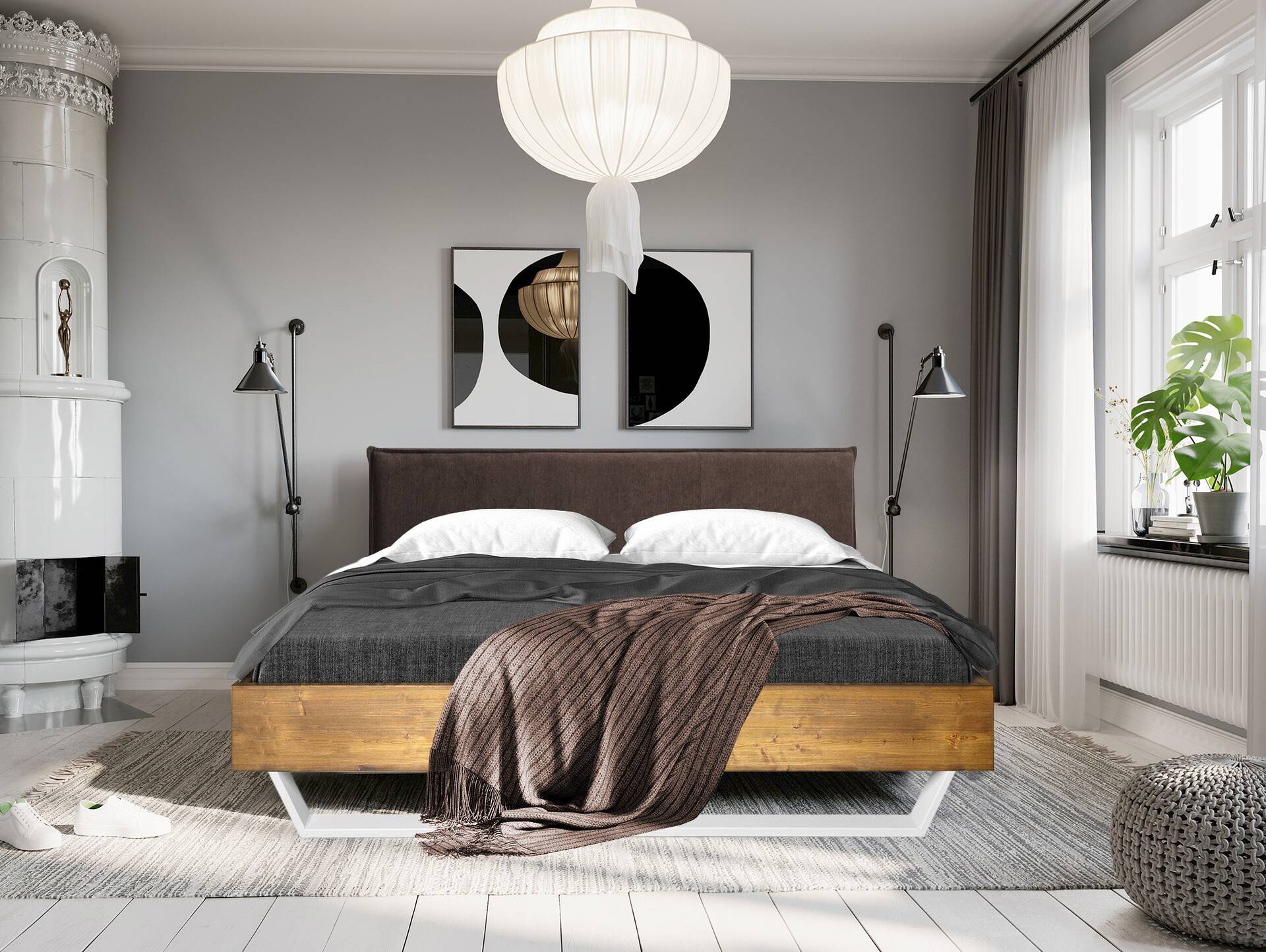 CURBY Kufenbett mit Polsterkopfteil, Material Massivholz, rustikale Altholzoptik, Fichte, Kufen weiss 90 x 200 cm | vintage | Stoff Braun