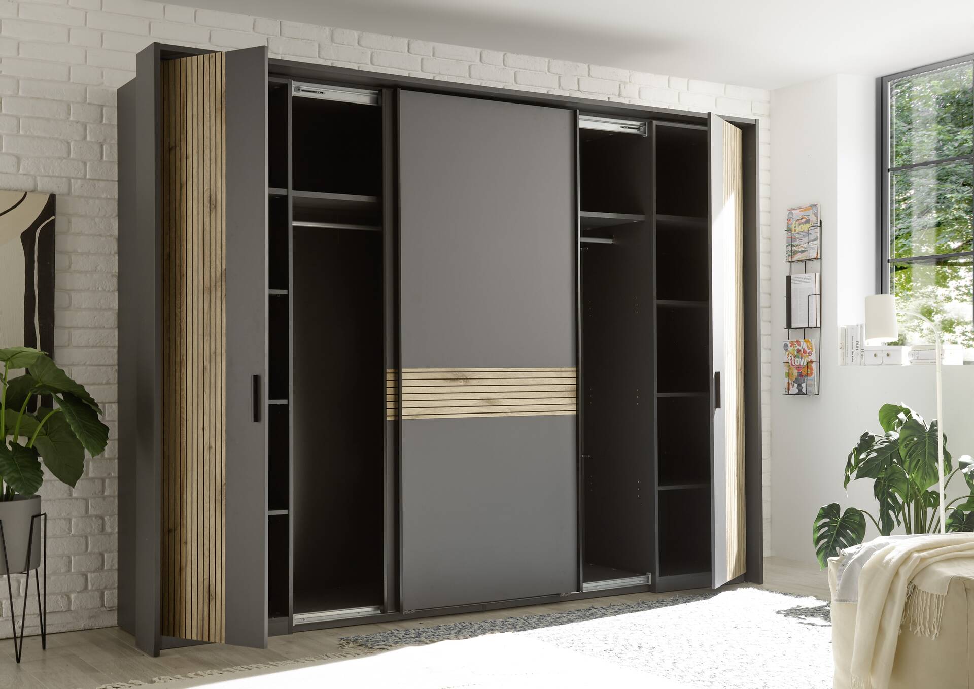 DETROIT Kleiderschrank, Material Dekorspanplatte, graphit/Eiche hell Nachbildung 
