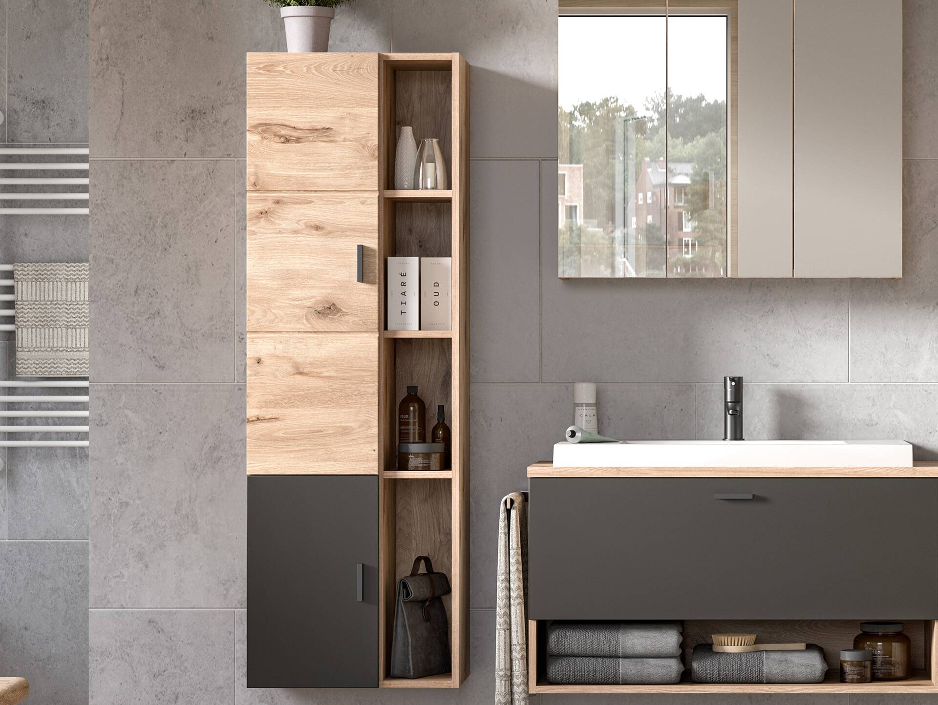 GOLDENBAY Midischrank fürs Badezimmer, Material Dekorspanplatte, Nox Oak Nachbildung/Grau matt 