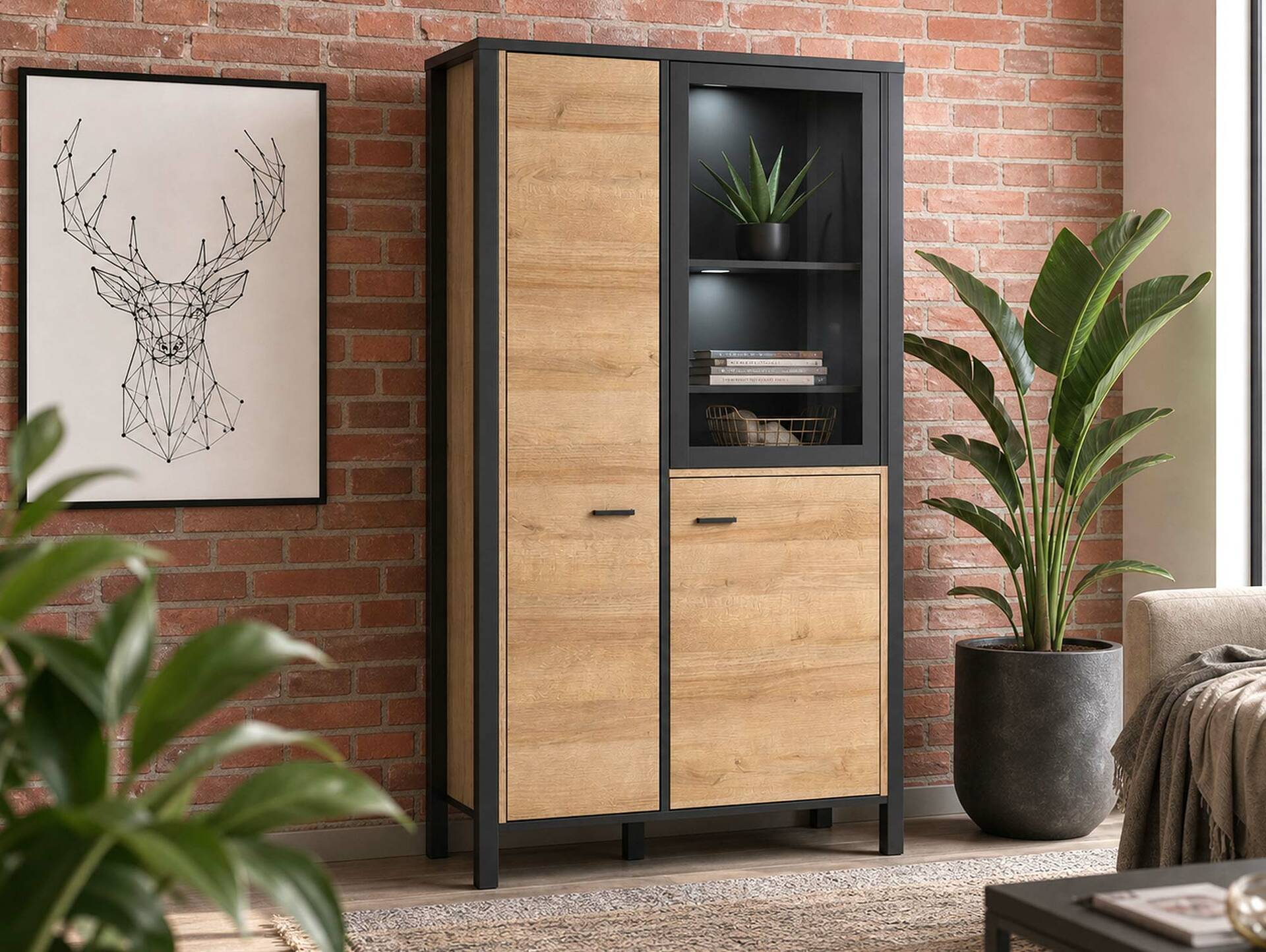 HAVANO Highboard II, Material Dekorspanplatte, Riviera Eichefarbig/schwarz 
