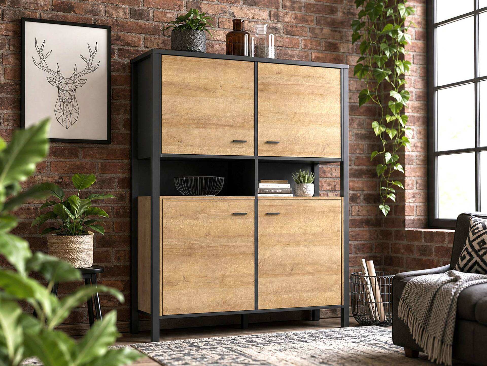 HAVANO Highboard, Material Dekorspanplatte, Riviera Eichefarbig/schwarz 