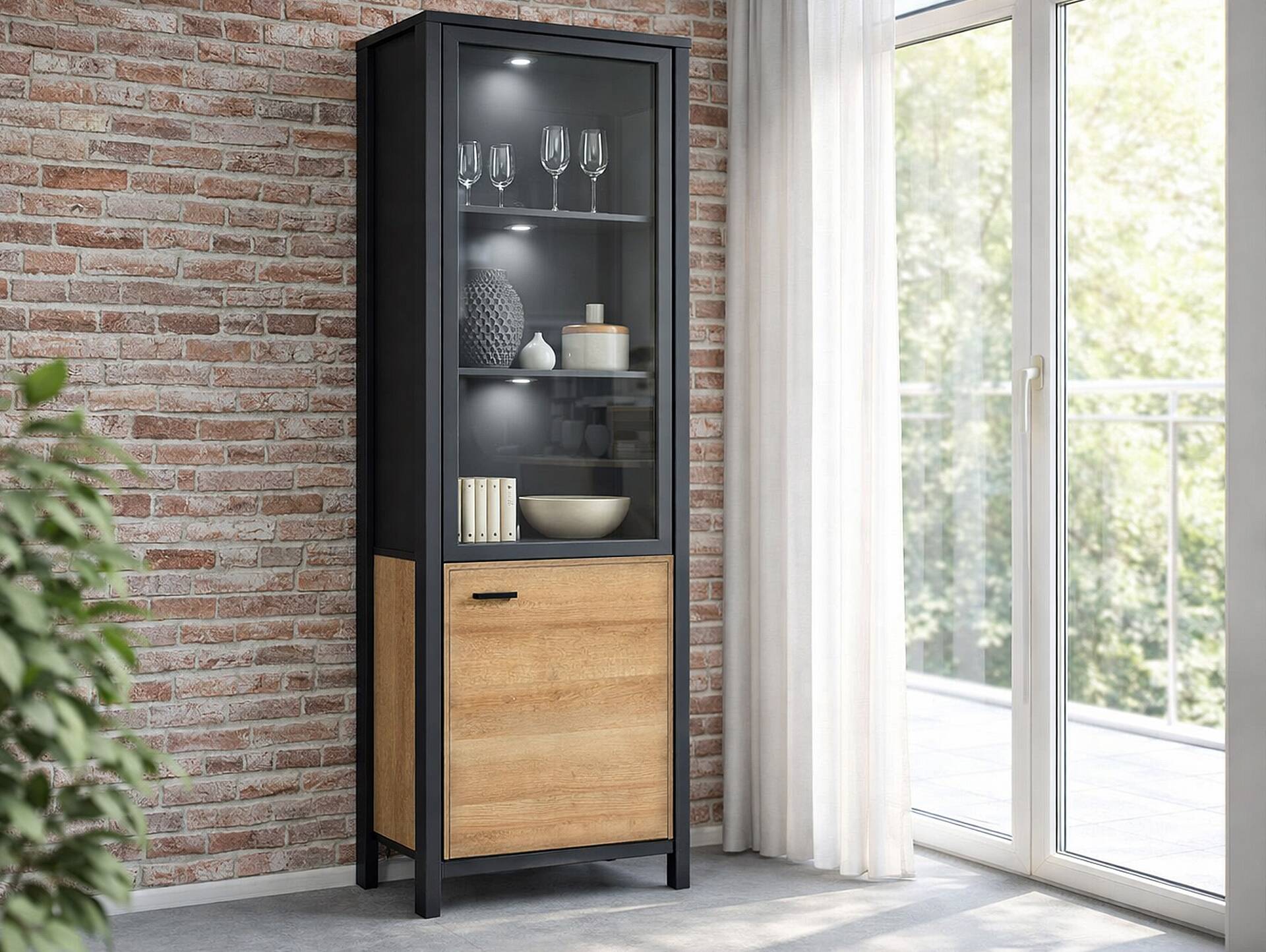 HAVANO Vitrine schmal, Material Dekorspanplatte, Riviera eichefarbig/schwarz 
