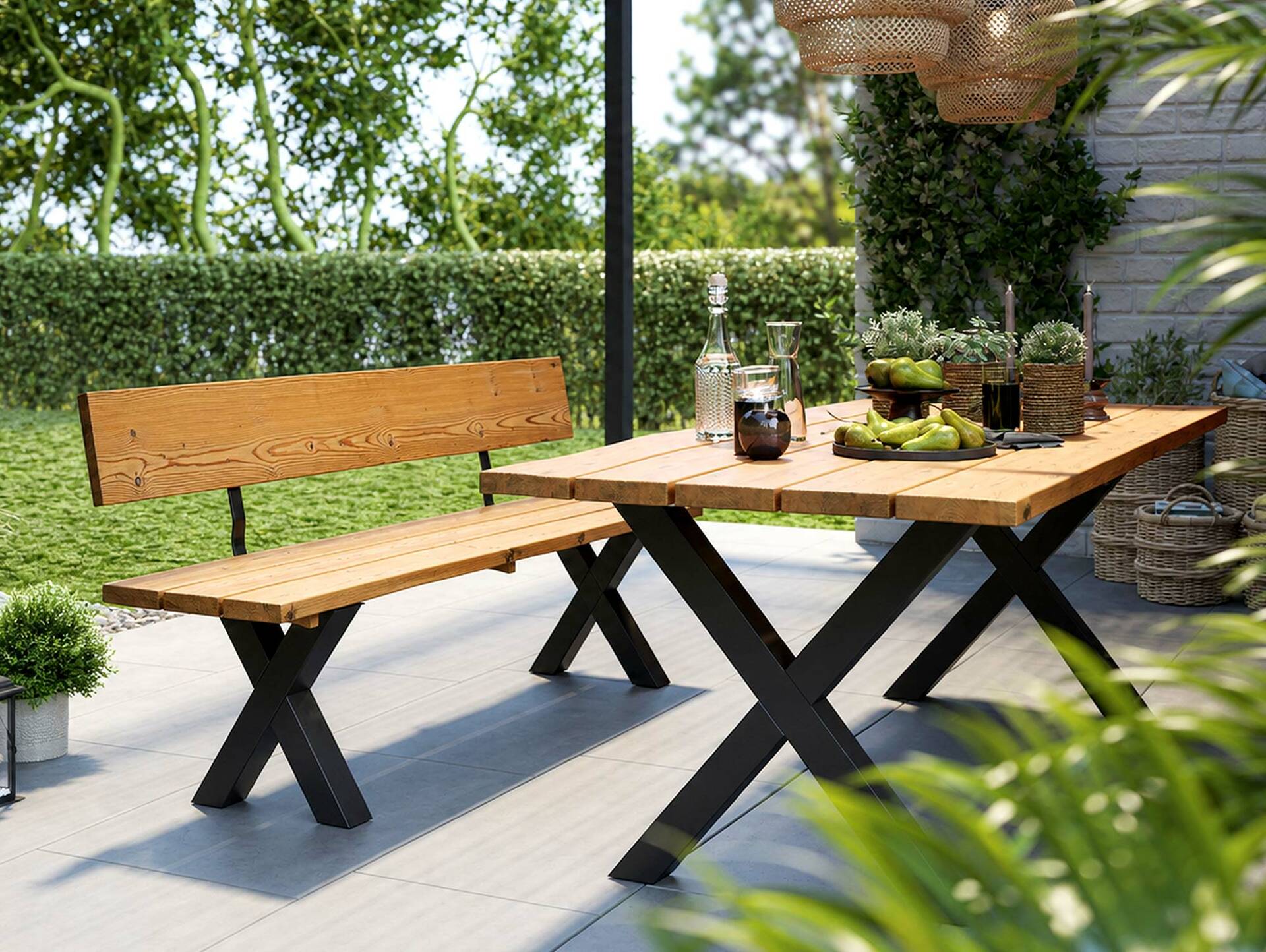 KENTUCKY Sitzbank / Gartenbank mit X-Beinen, Altholzoptik, Material Massivholz, THERMO-Fichte gebürstet/lasiert 160 cm | mit Rückenlehne | natur