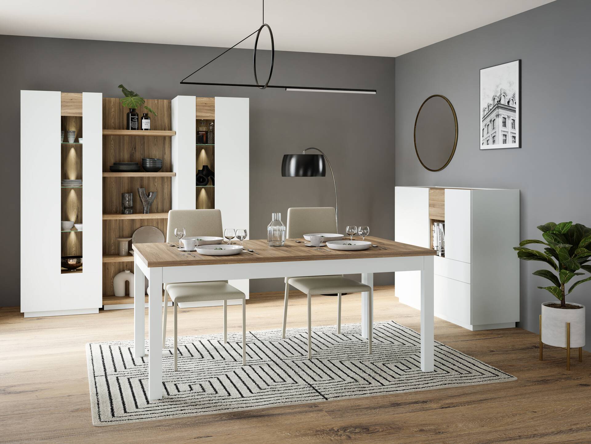 LENNOX Highboard, Material Dekorspanplatte,  lichtgrau/Valencia Oak Dekor 