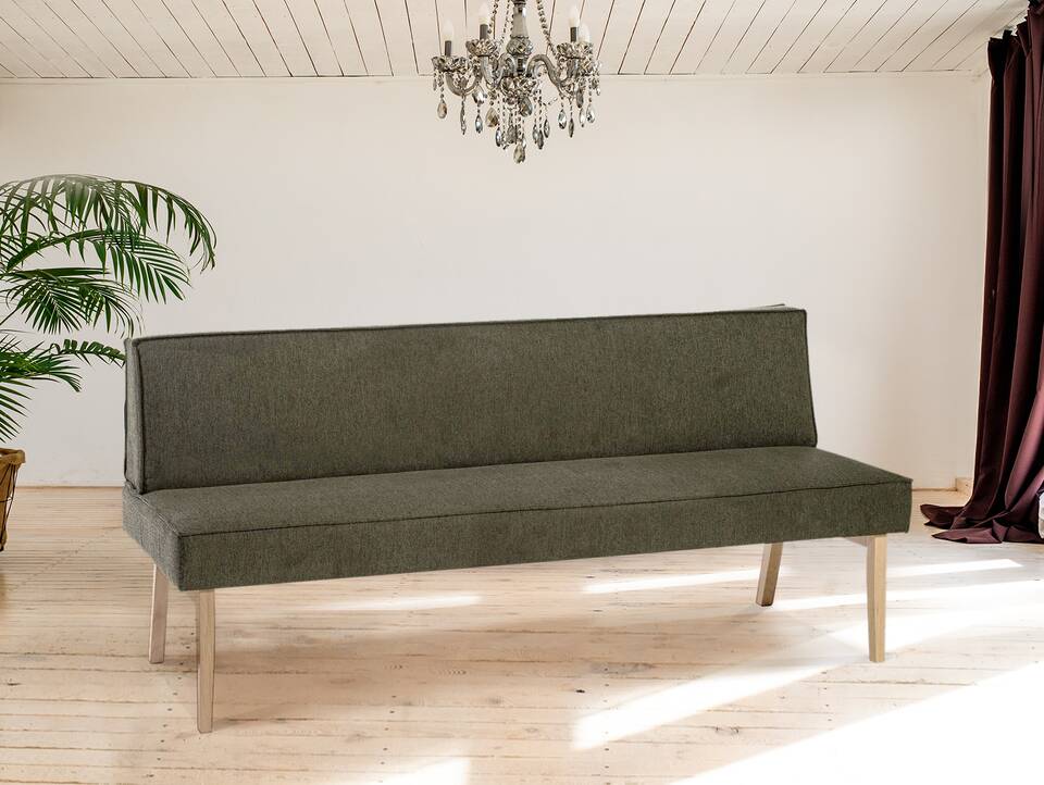 LORAN Polsterbank/Küchenbank ohne Armlehnen, Material Massivholz Eiche, Stoffbezug in 2 Farben erhältlich 200 cm | Grau