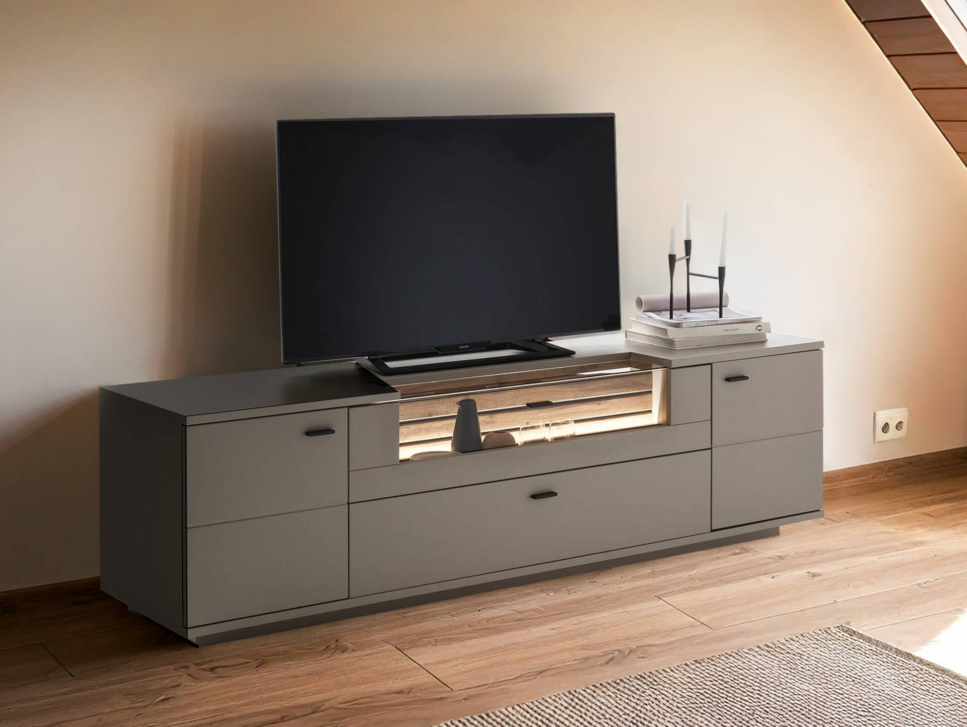 LUZERN TV-Element, Material Dekorspanplatte, basaltfarbig/eichefarbig 