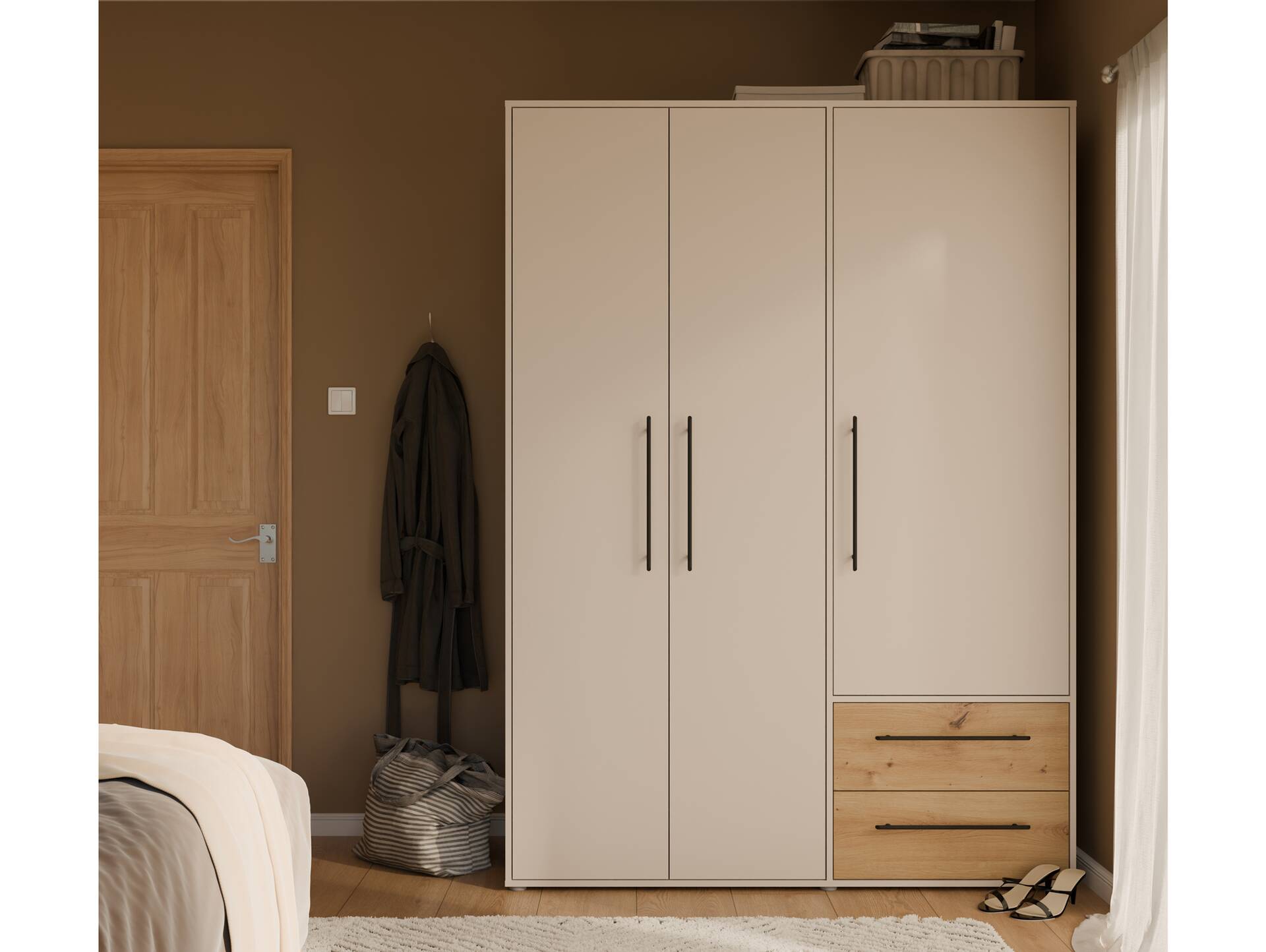 MANIKO Kleiderschrank, Material Dekorspanplatte 3-türig | sand / Artisan eichefarbig