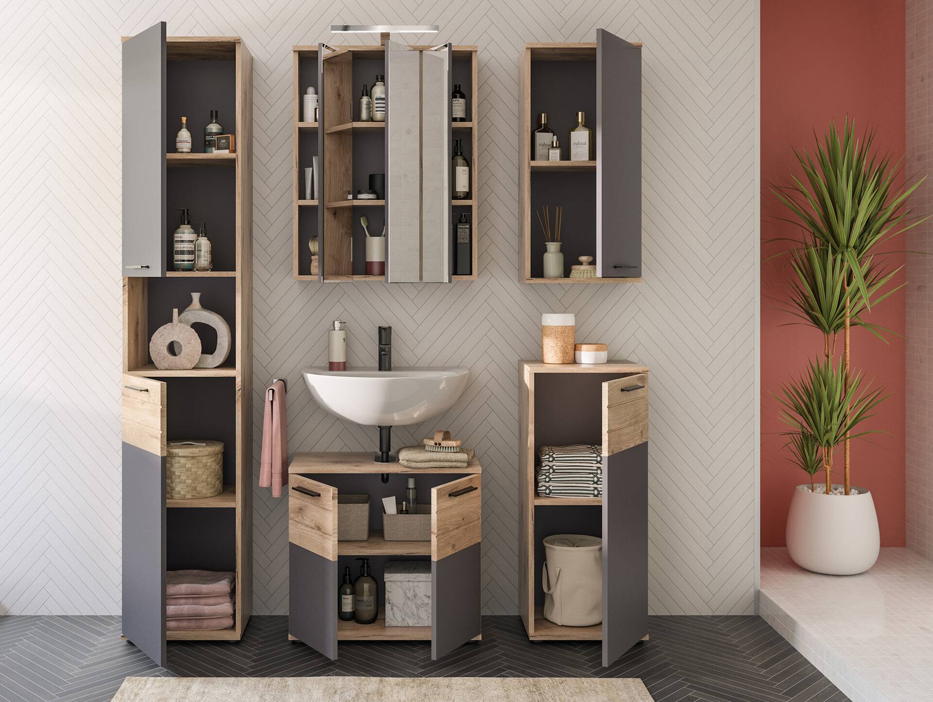 MORANO Hängeschrank fürs Badezimmer, Material Dekorspanplatte, Nox Oak Nachbildung/Basaltgrau 