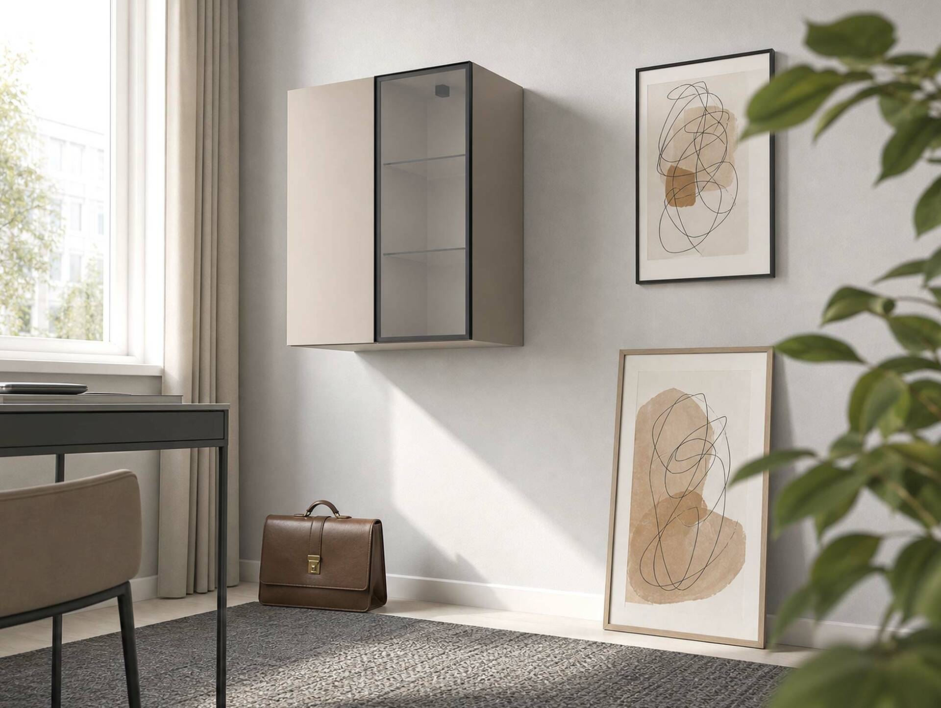 OSLO Vitrine, Material Dekorspanplatte, Türanschlag links / rechts Eichefarbig/basalt matt