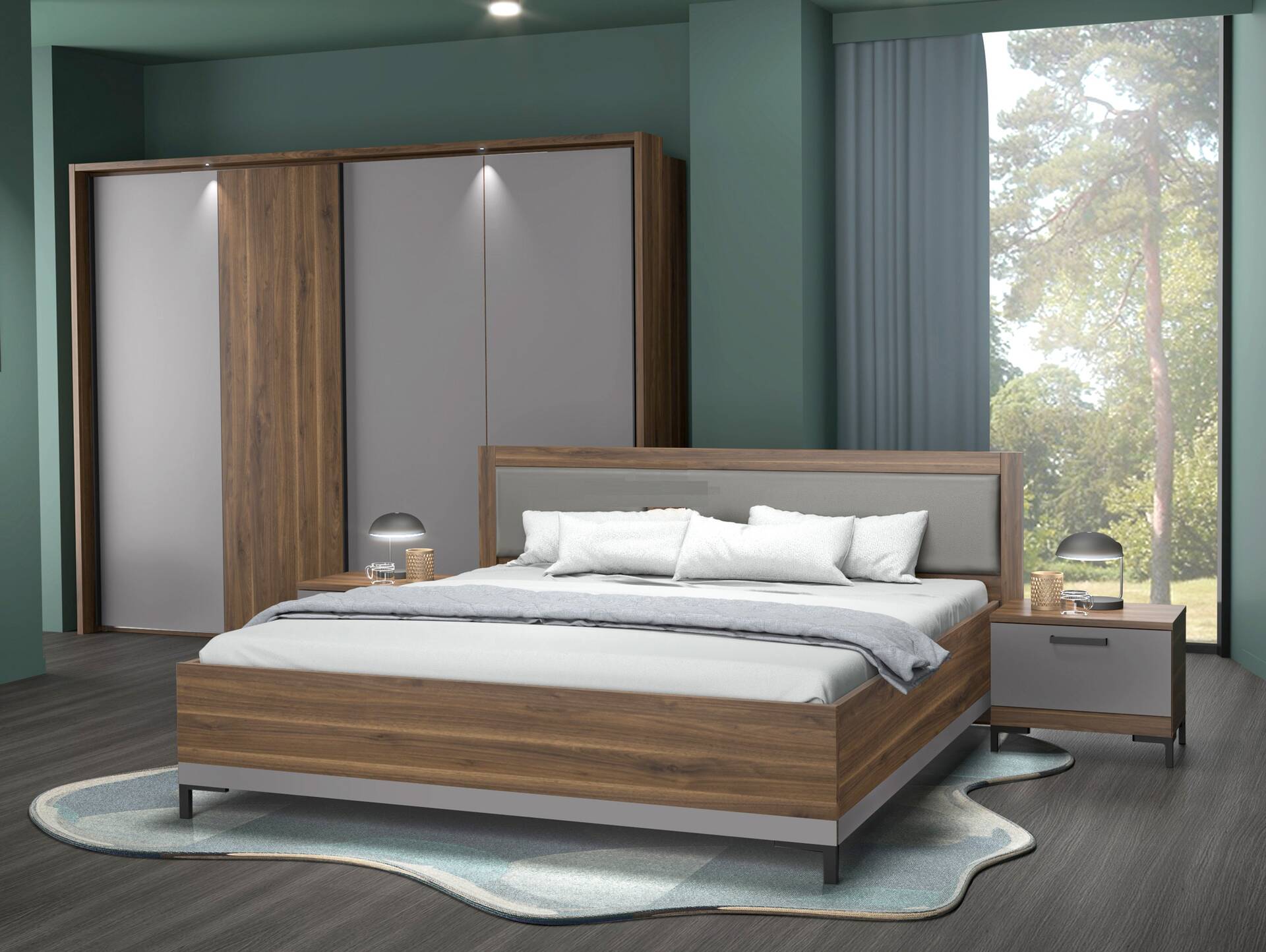 QUERRY Komplettschlafzimmer, Material Dekorspanplatte, walnussfarbig/grau 160 cm | 270 cm