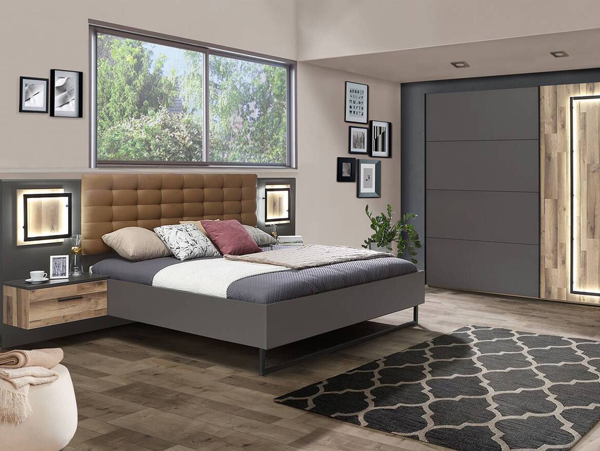 SESTRA Komplett-Schlafzimmer, Material Dekorspanplatte, stabeichefarbig/grau 