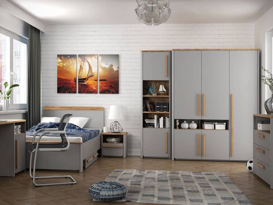 SPARKI 6-tlg. Komplett-Jugendzimmer, Material Dekorspanplatte, Grau/Catania Eichefarbig 