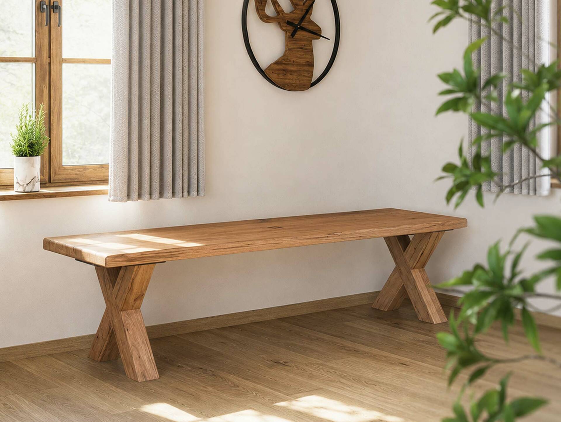 TIROL Sitzbank nach Maß, Eiche-Altholz, Material Massivholz/X-Fuß Holz 