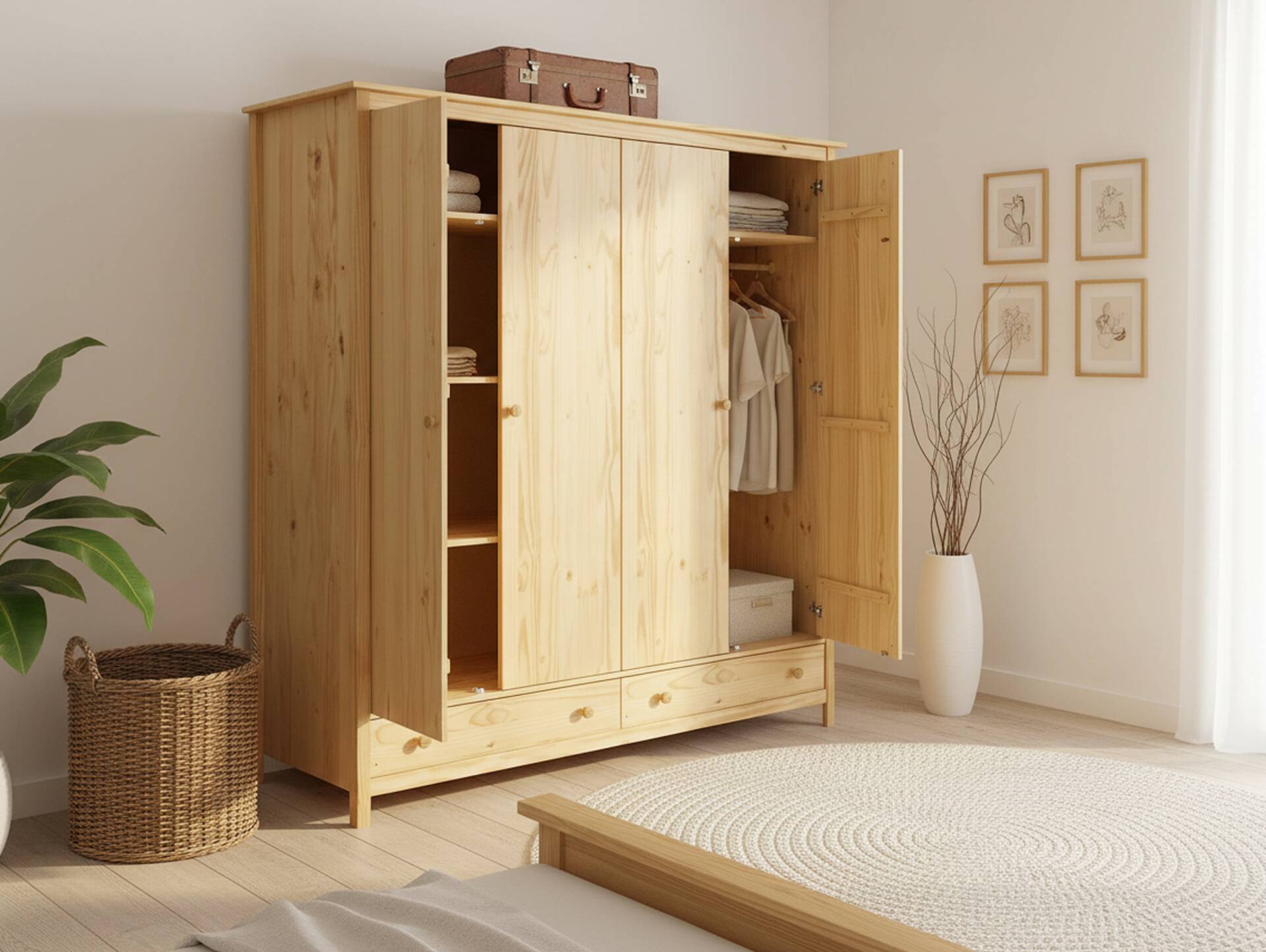 TOBINO Kleiderschrank 4trg, Material Massivholz, Kiefer Kiefer natur | Holz
