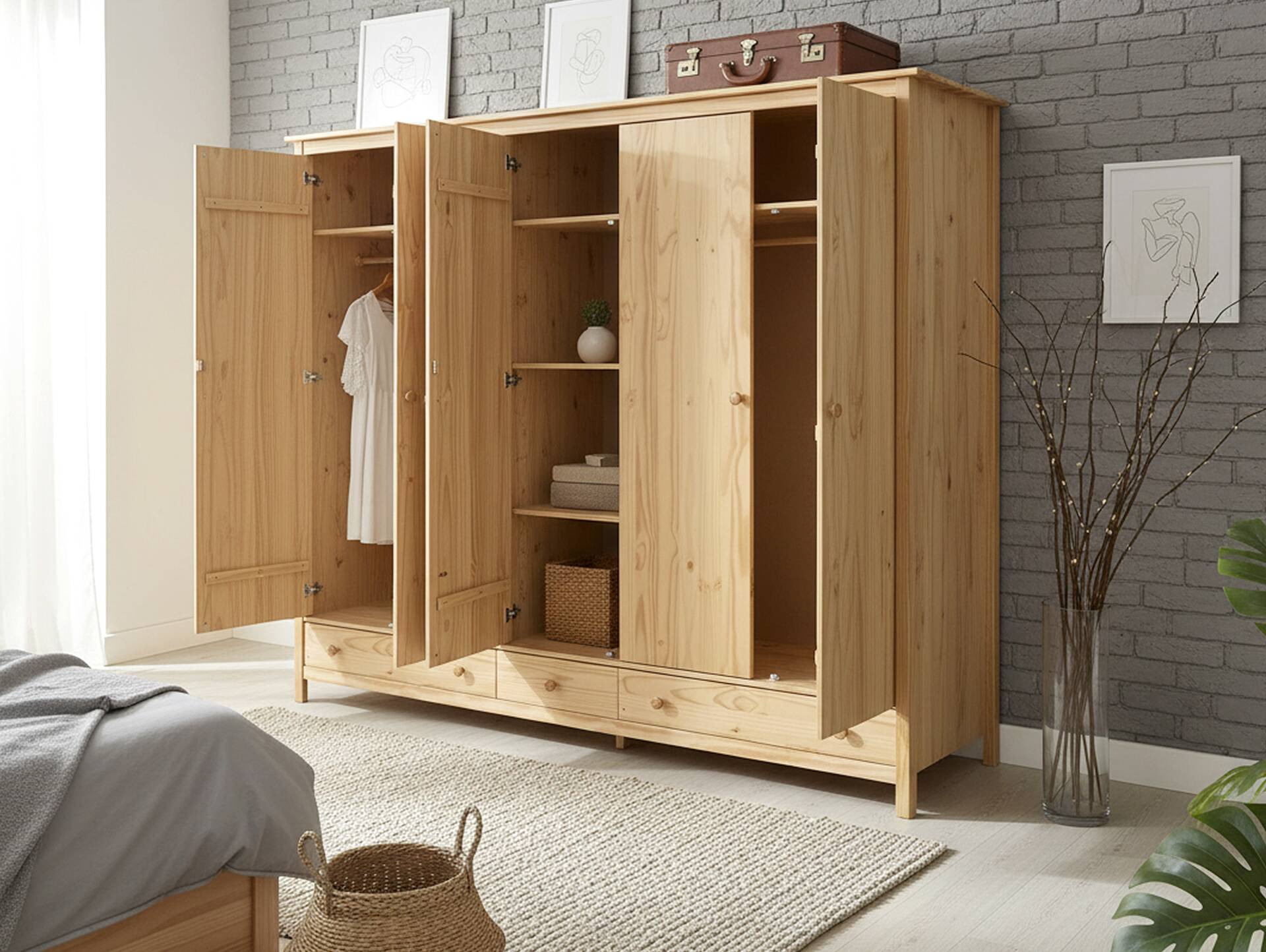 TOBINO Kleiderschrank 5trg, Material Massivholz, Kiefer Kiefer natur | Holz