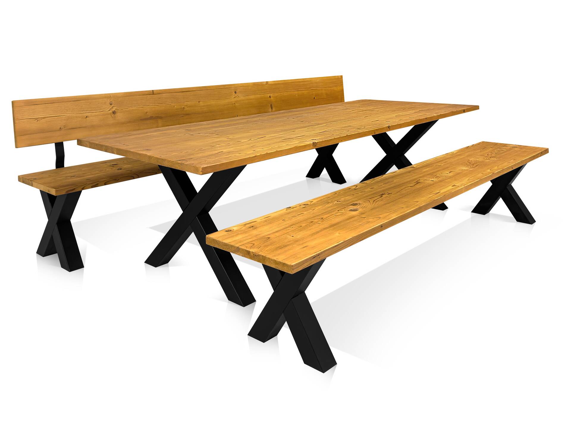 ALABAMA Sitzbank mit X-Beinen, Altholzoptik, Material Massivholz, THERMO-Fichte lackiert 260 cm | mit Rückenlehne | natur
