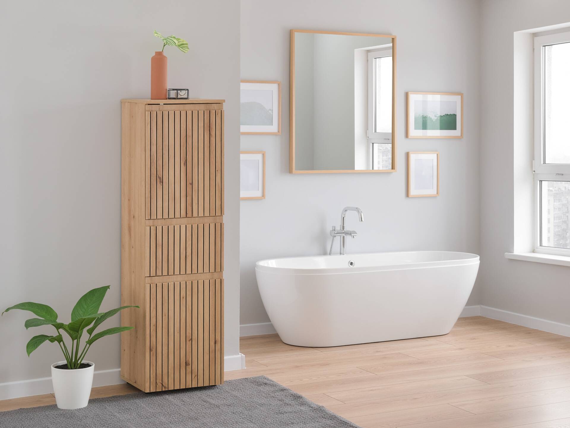 ASKINO Hochkommode fürs Badezimmer, Material Dekorspanplatte, Artisan Eiche Nachbildung 