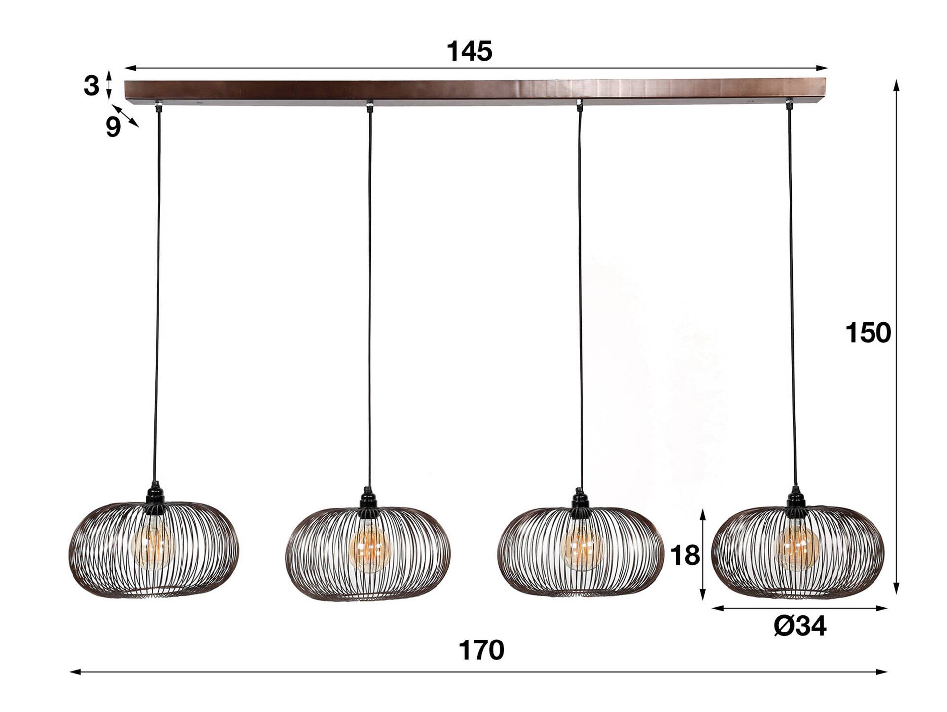 BARAKRO Hängelampe, 4-flammig, Material Metall, Schwarz 