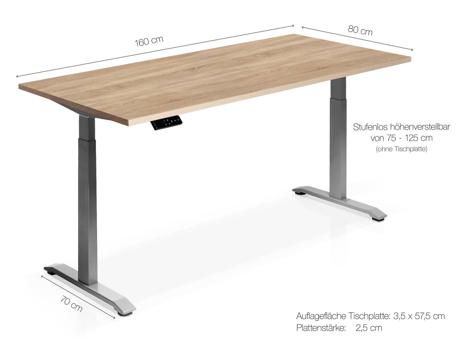 PRONTO elektrisch höhenverstellbarer Schreibtisch / Stehtisch, Material Dekorspanplatte 160 x 80 cm | Eiche sonomafarbig