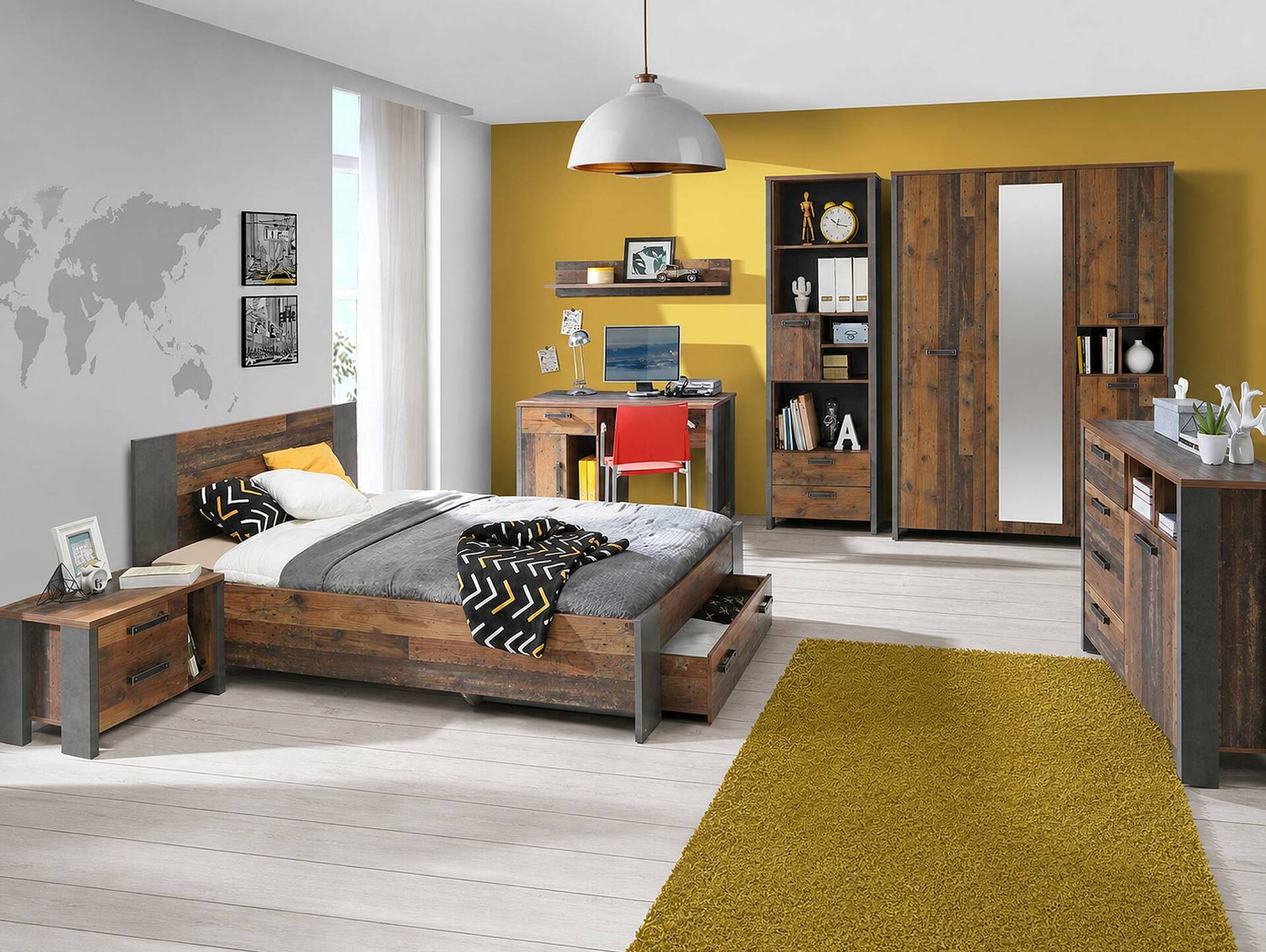 CASSIA Jugendzimmer 7-tlg., Material Dekorspanplatte, Old Wood Vintage/betonfarbig 