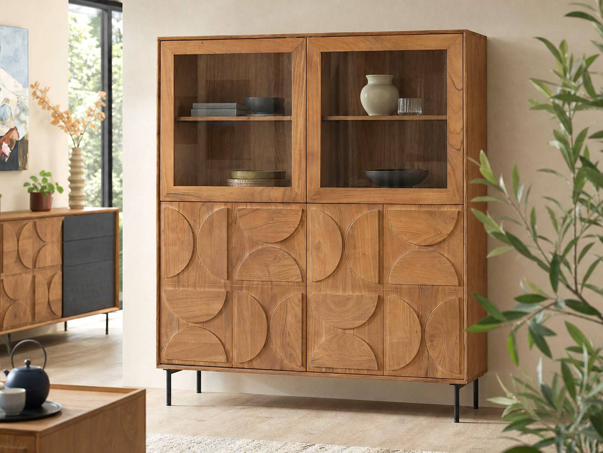 CATANDO Highboard, Material Massivholz, Akazie honigfarben/Abs. schwarz 