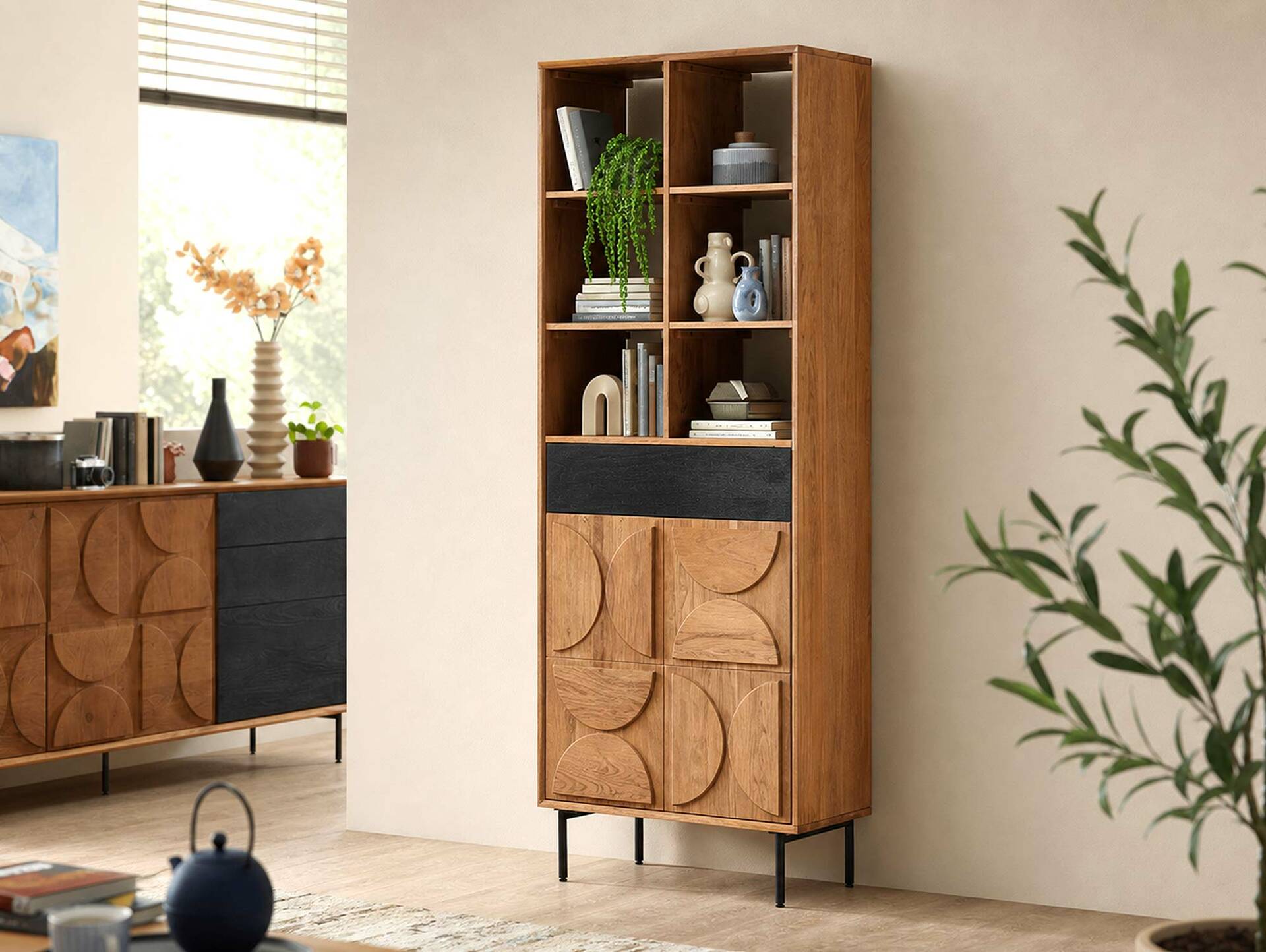 CATANDO Regal, Material Massivholz, Akazie honigfarben/Abs. schwarz 