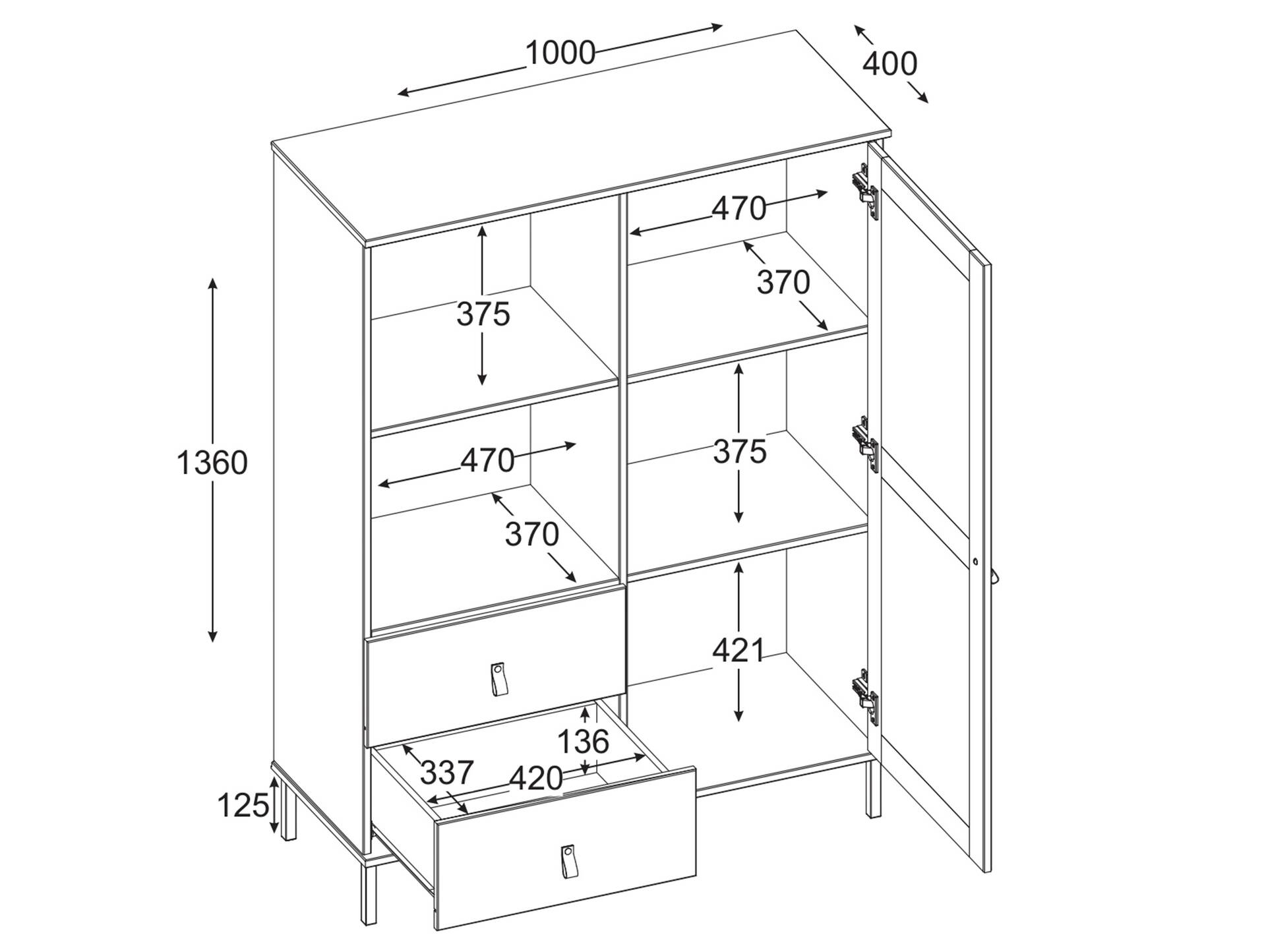 CINOY Highboard I, Material Massivholz, Kiefer lackiert schwarz