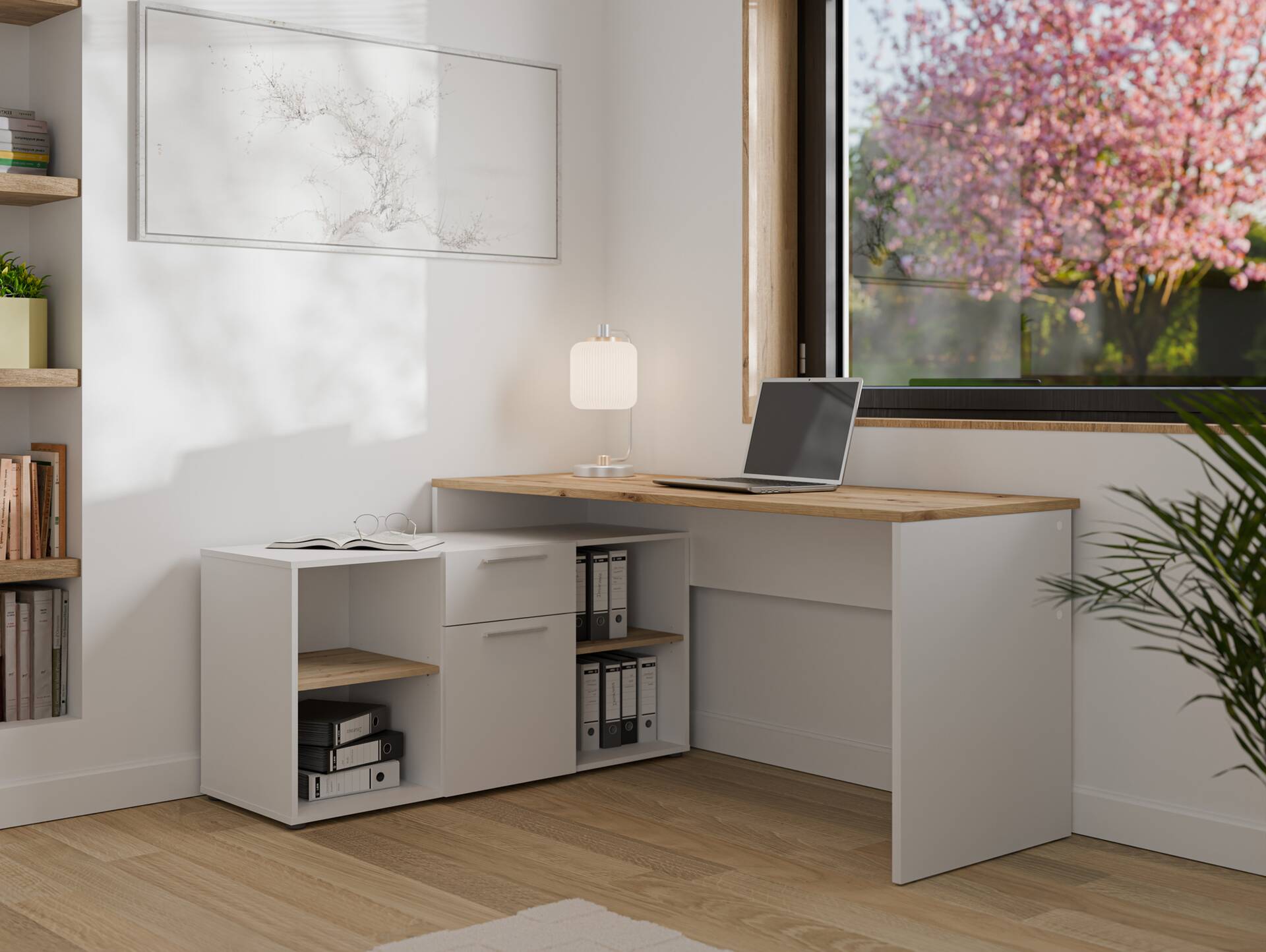 CLOE Eckschreibtisch, Material Dekorspanplatte, weiß/Artisan Eiche Nachbildung 