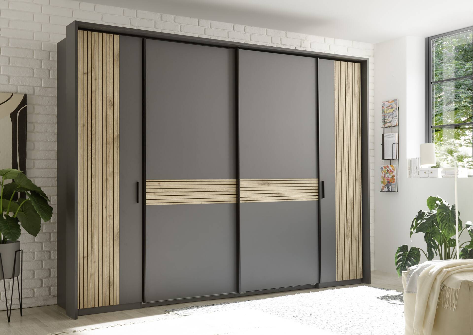 DETROIT Kleiderschrank, Material Dekorspanplatte, graphit/Eiche hell Nachbildung 