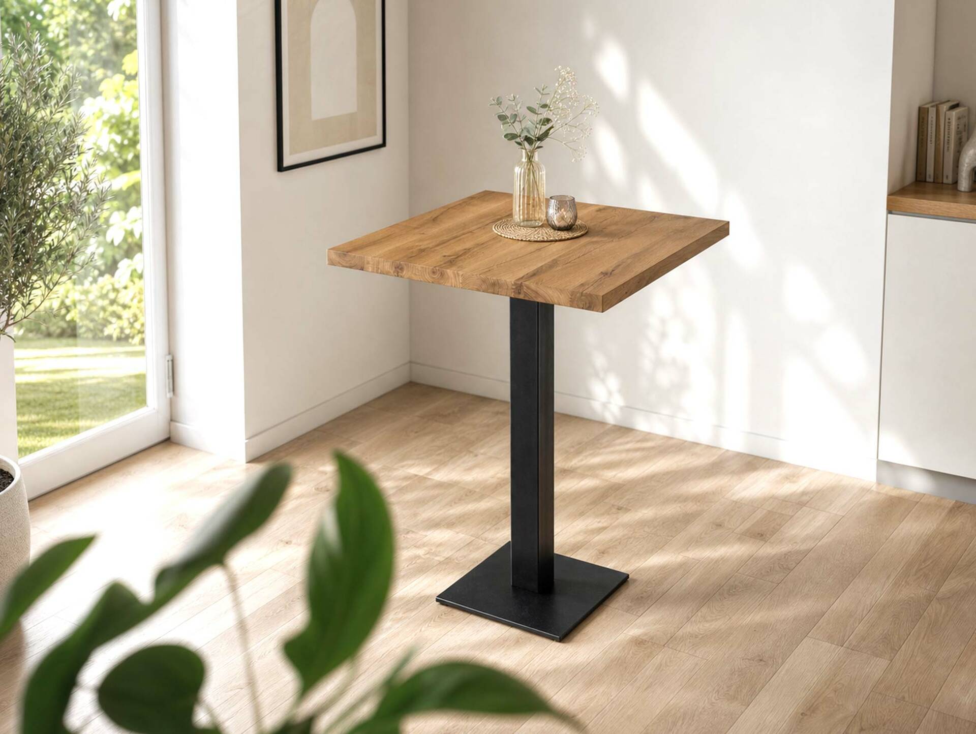 GASTRO Bartisch, Material Massivholz/Metall, Eiche lackiert 90 x 90 cm