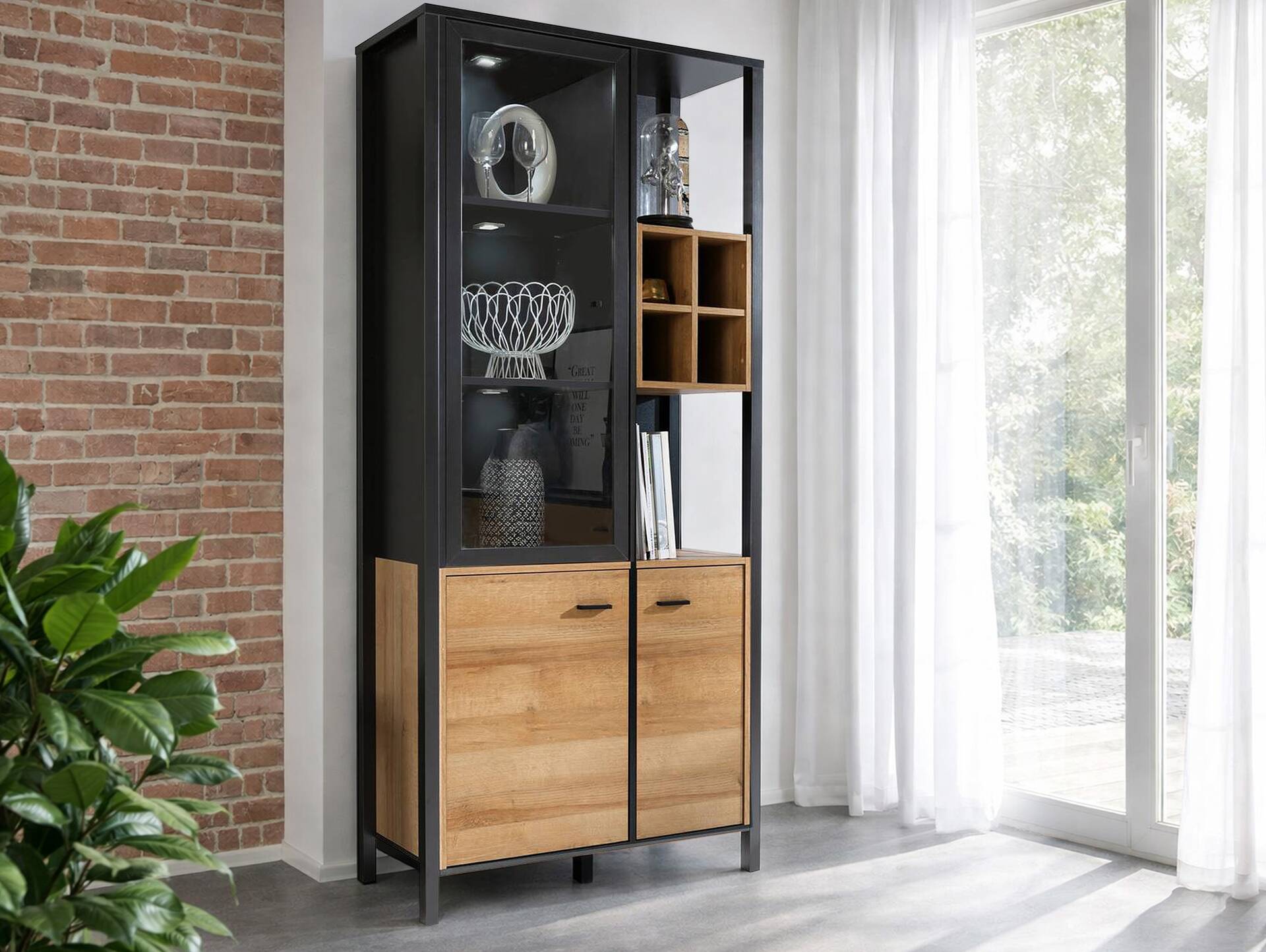 HAVANO Vitrine groß, Material Dekorspanplatte, Riviera eichefarbig/schwarz 