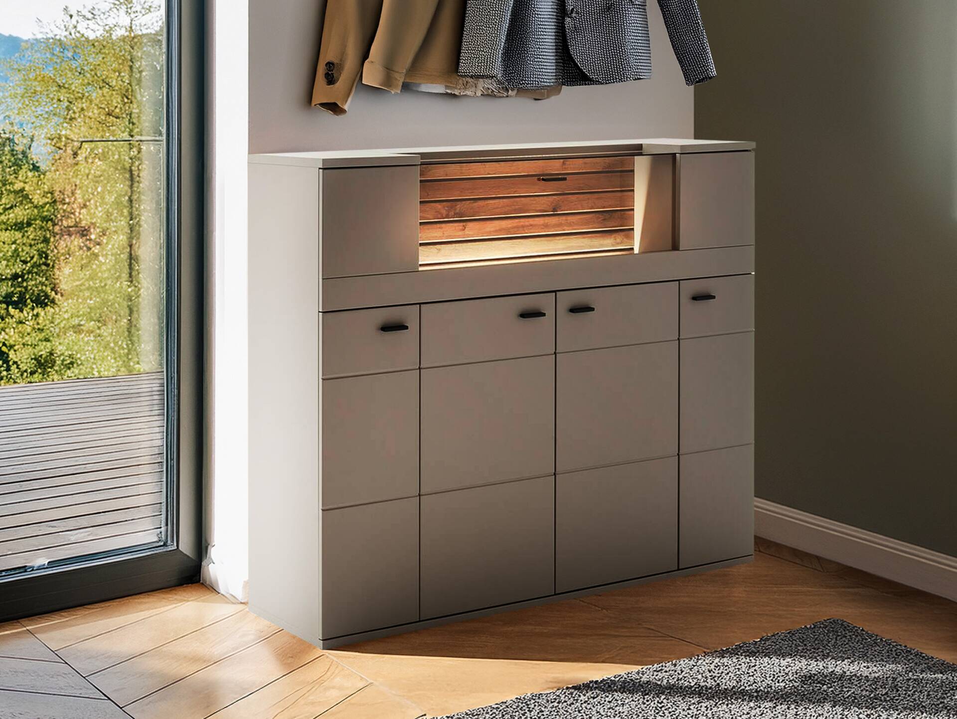 LUZERN Highboard, Material Dekorspanplatte, basaltfarbig/eichefarbig 