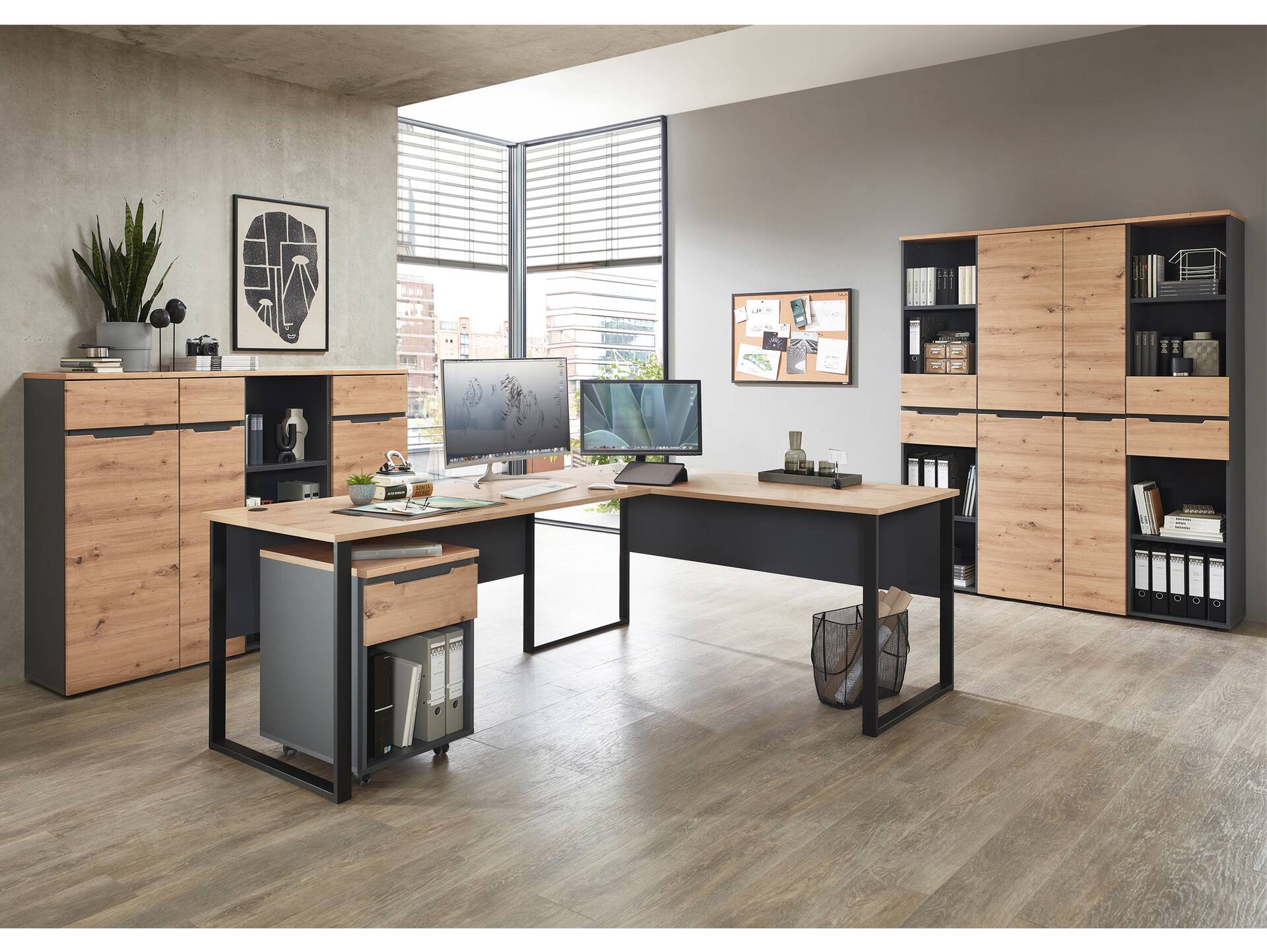 MAILAND Komplettbüro II, Material Dekorspanplatte Artisan Eichefarbig / Graphit