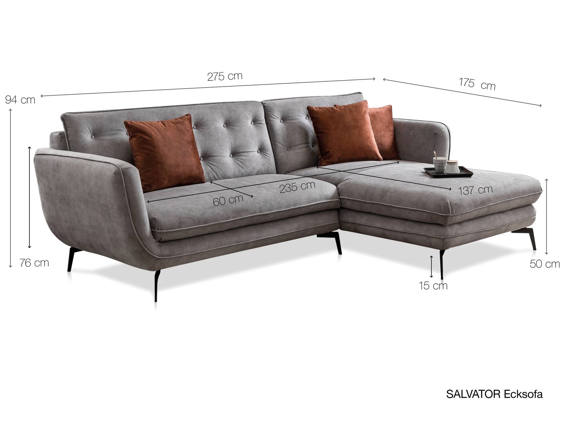 SALVATOR Ecksofa mit Metallfuß schwarz, Stoffbezug 