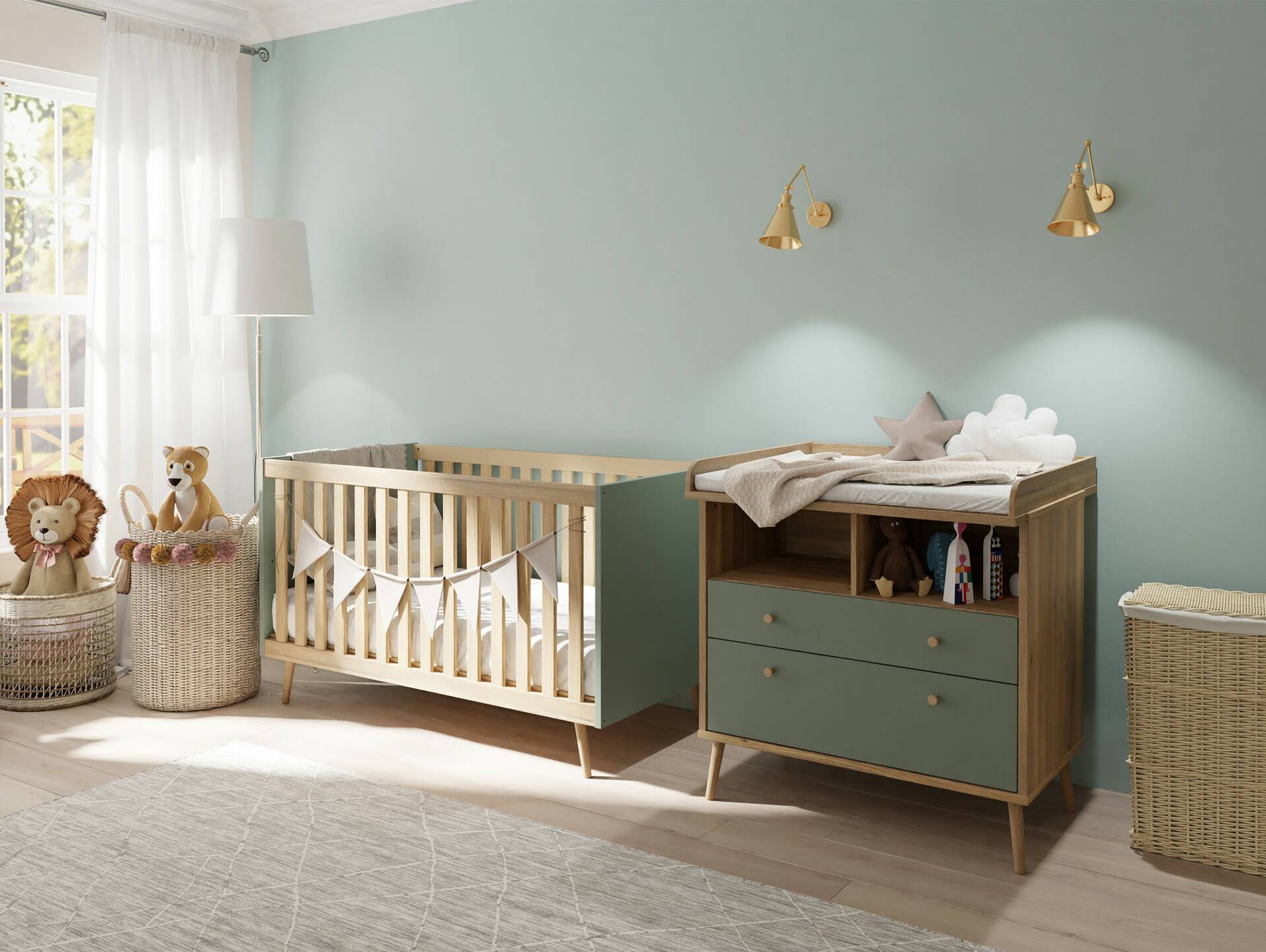 WILMONA Wickelkommode, Material Spanplatte, Mauvella Eiche Nachbildung/salbeifarbig 