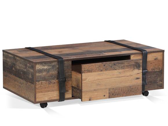 FELANO II Couchtisch mit Rollen Material Dekorspanplatte, Old Wood vintagefarbig/Gürtel Kunstleder schwarz