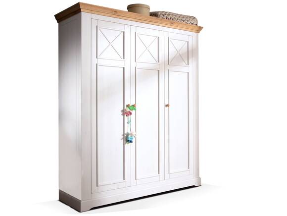 CARLY Kleiderschrank 3trg, Material Massivholz, Kiefer weiss/eichefarbig